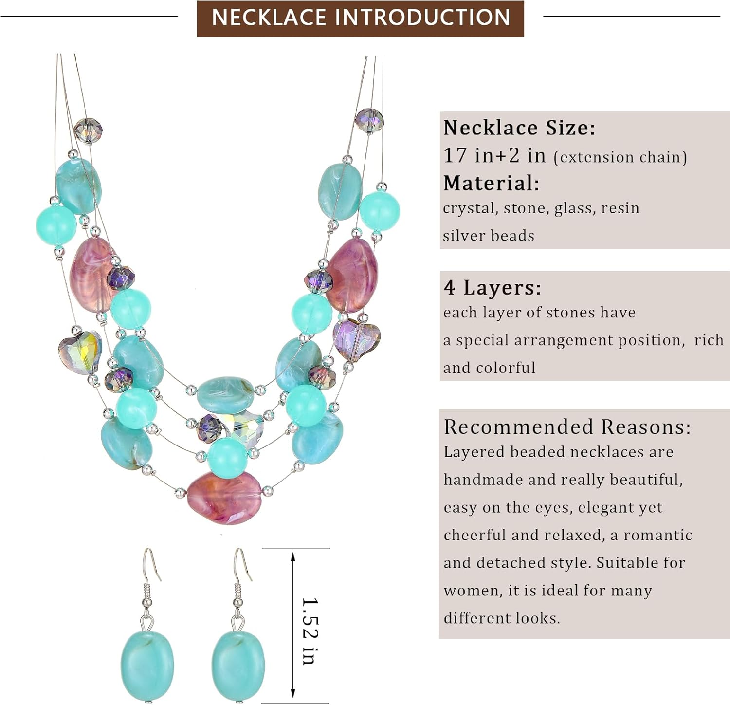 Layered Chunky Beaded Necklace for Women Colorful Multi-Layer Statement Necklace and Earrings Set Gift for Her - Image 5