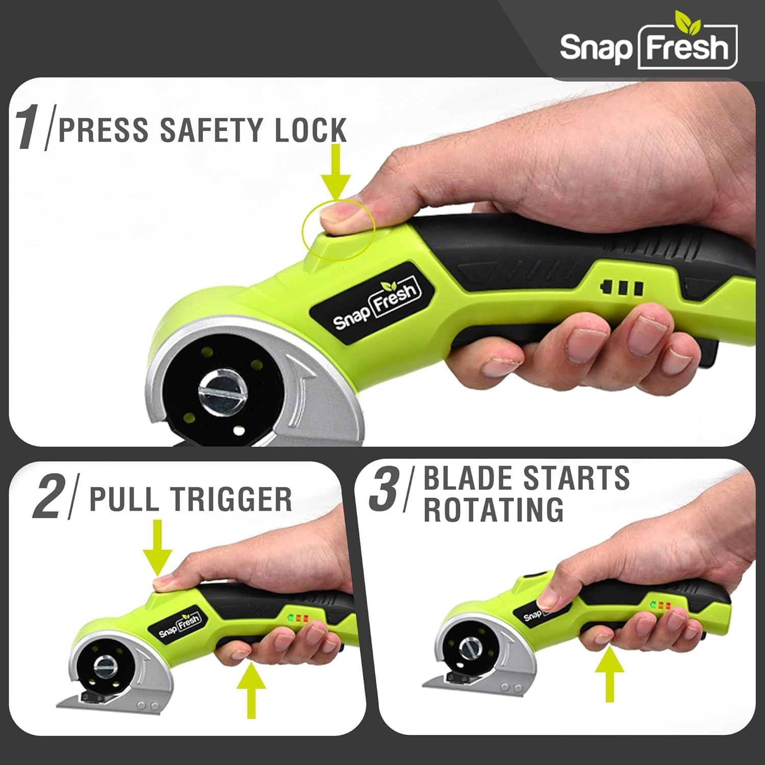 Three-step visual guide on how to operate the SnapFresh Electric Scissors: Press Safety Lock, Pull Trigger, and Blade Starts Rotating.