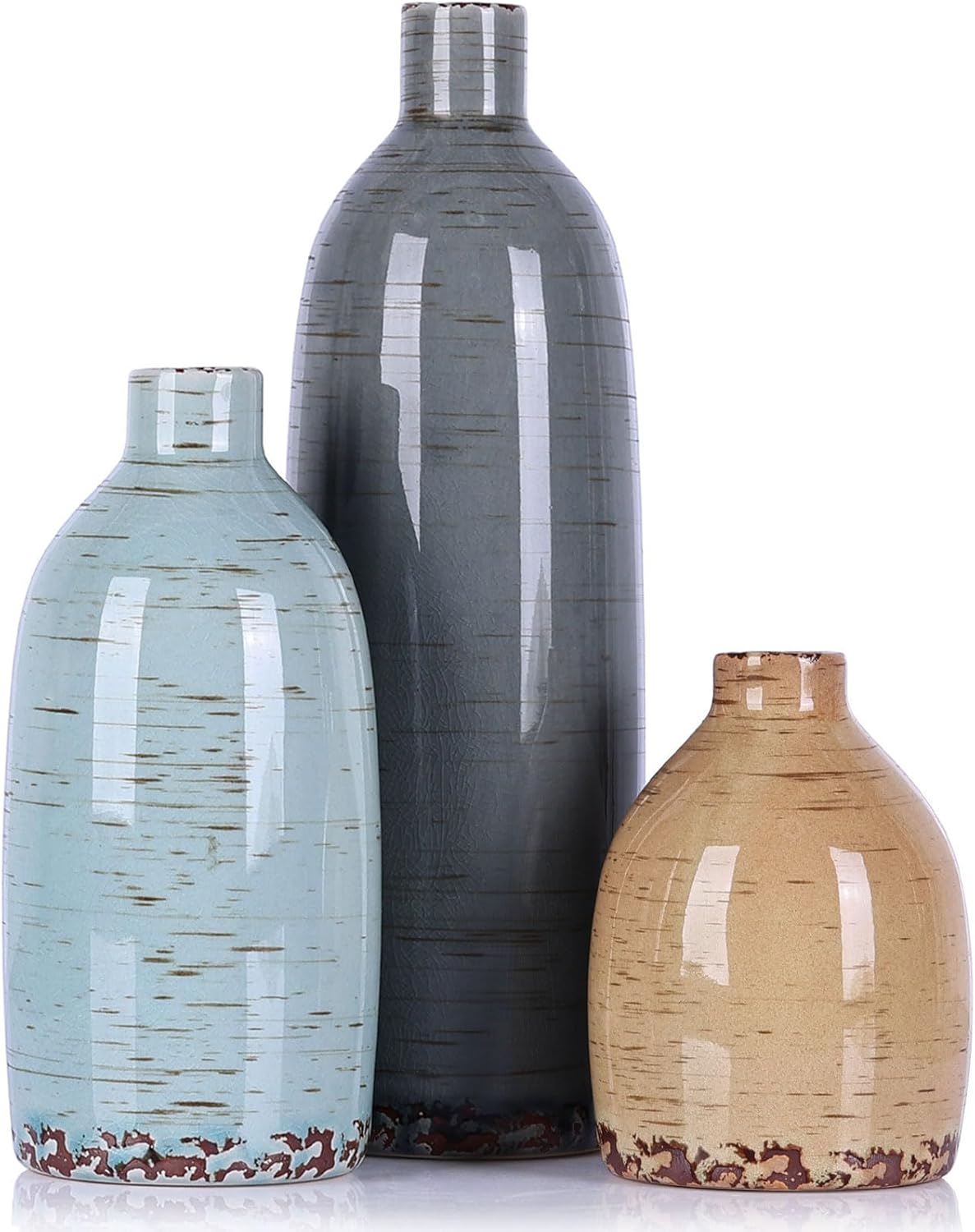 Multicolor Ceramic Vase Set of 3, Farmhouse Vases for Home Decor, Rustic Flower Vases for Living Room, Shelf, Kitchen, Mantel, Bedroom, Coffee Table, Office, Bathroom, Entryway Table Centerpiece Decor