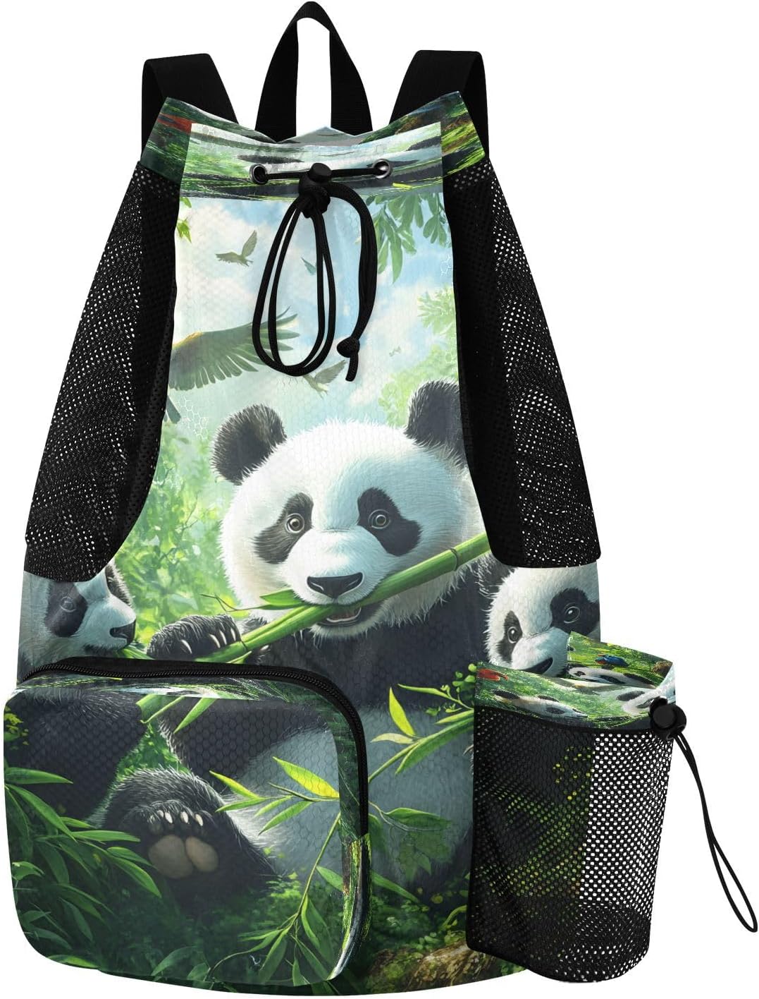 Mesh Gym Swimming Bags for Men & Women, Forest Panda Birds Large Drawstring Backpack with Dry-Wet Pocket, Lightweight Gym Bag for Sports, Travel, Beach, Workout Gear