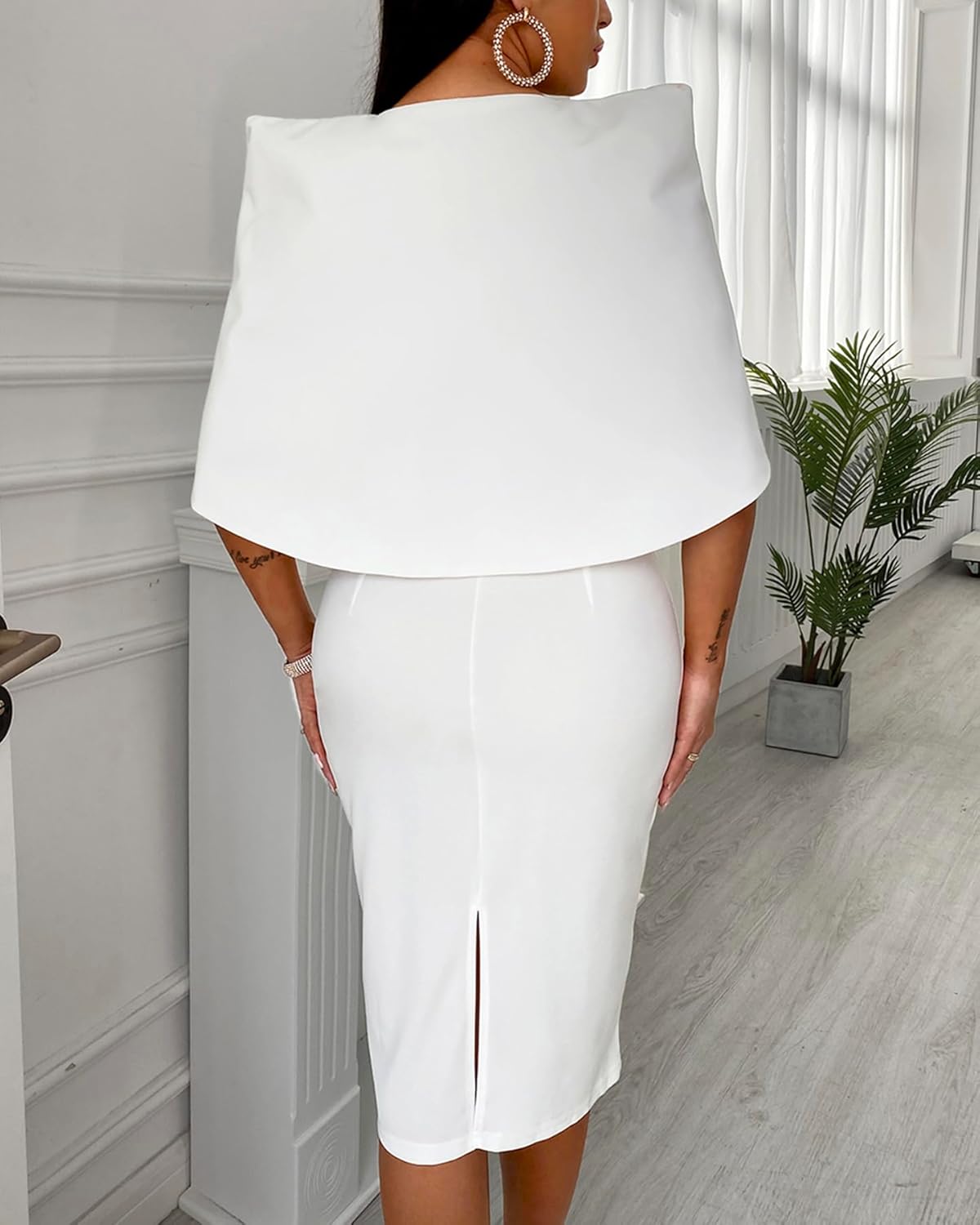 CHICME Women's Elegant Cape Sleeve Bodycon Midi Dress V-Neck Back Slit Slim Fit Cocktail Pencil Dress - Image 4