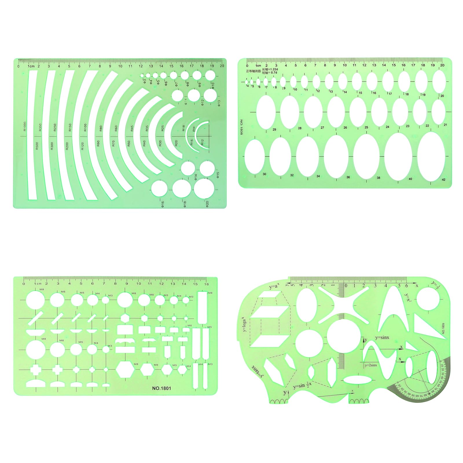 9-częściowy szablon do rysowania geometrycznego, linijka pomiarowa, geometryczne narzędzia pomiarowe, przezroczysta, zielona, plastikowa linijka do nauki, projektowania i budowania
