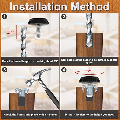 Miniatura 5 de 516" - 18 pies niveladores UNC, 8 niveladores de patas ajustables, niveladores de muebles atornillados con tuercas en T para armario, sofá,
