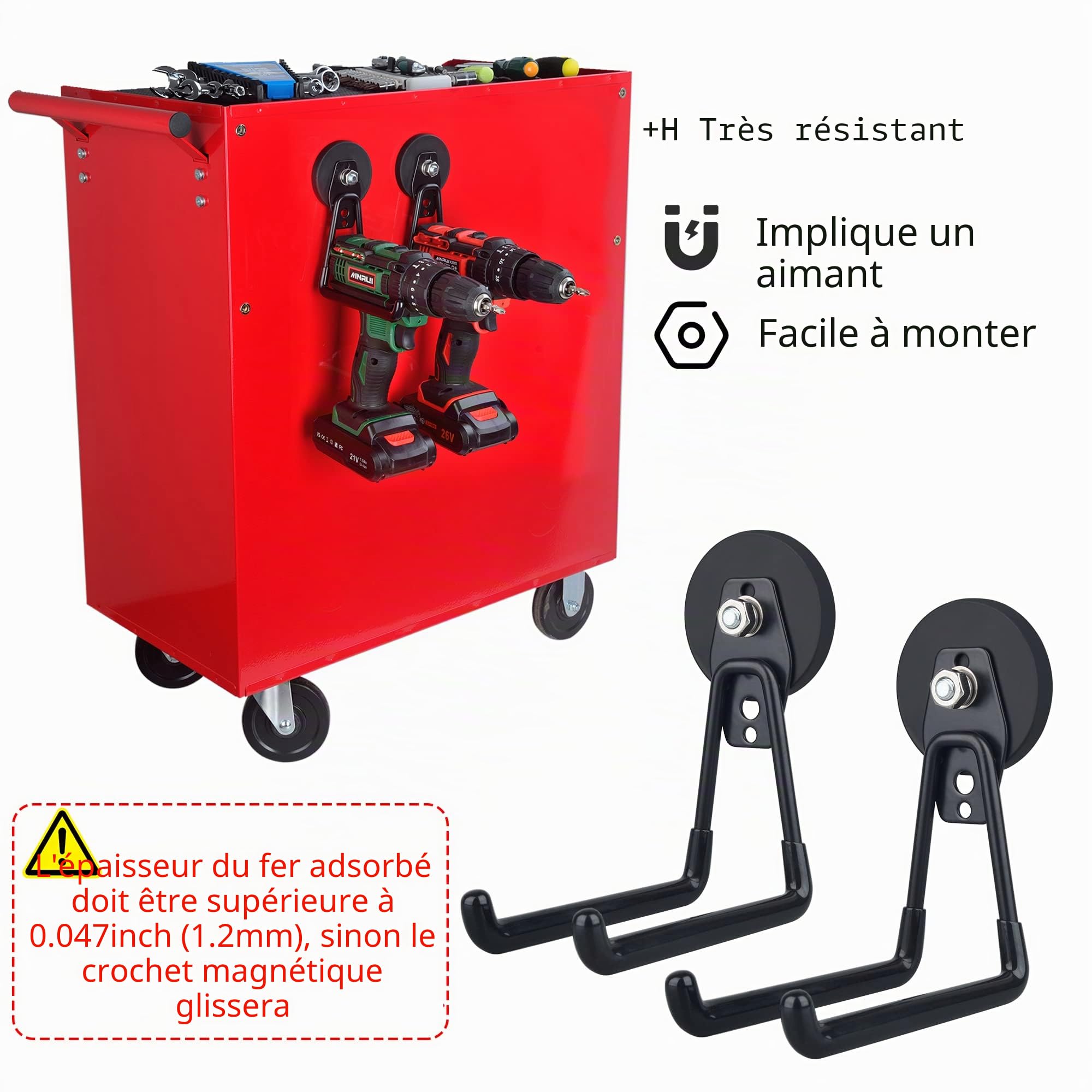 MUTUACTOR Lot de 2 grands crochets de garage magnétiques robustes - Fixation magnétique - Pour garage - Outils de jardin, tuyau, boîte à outils, planche en acier, atelier