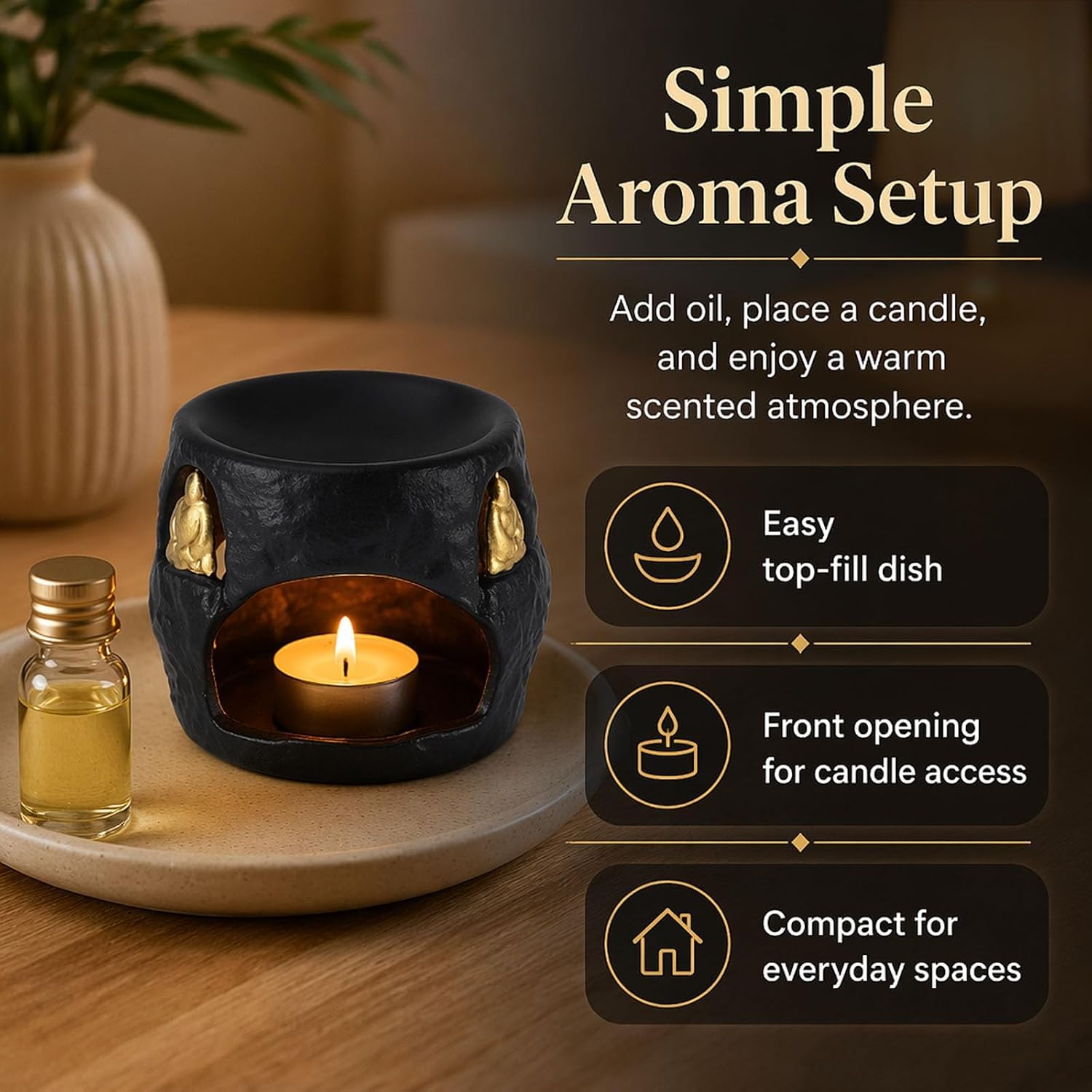 Black Ceramic Oil Burner, Stone Textured Essential Oil Warmer for Tea Light Candle, Fragrance Holder, Decorative Wax Melt Burner for Home Bathroom Bedroom Office Tabletop Decor