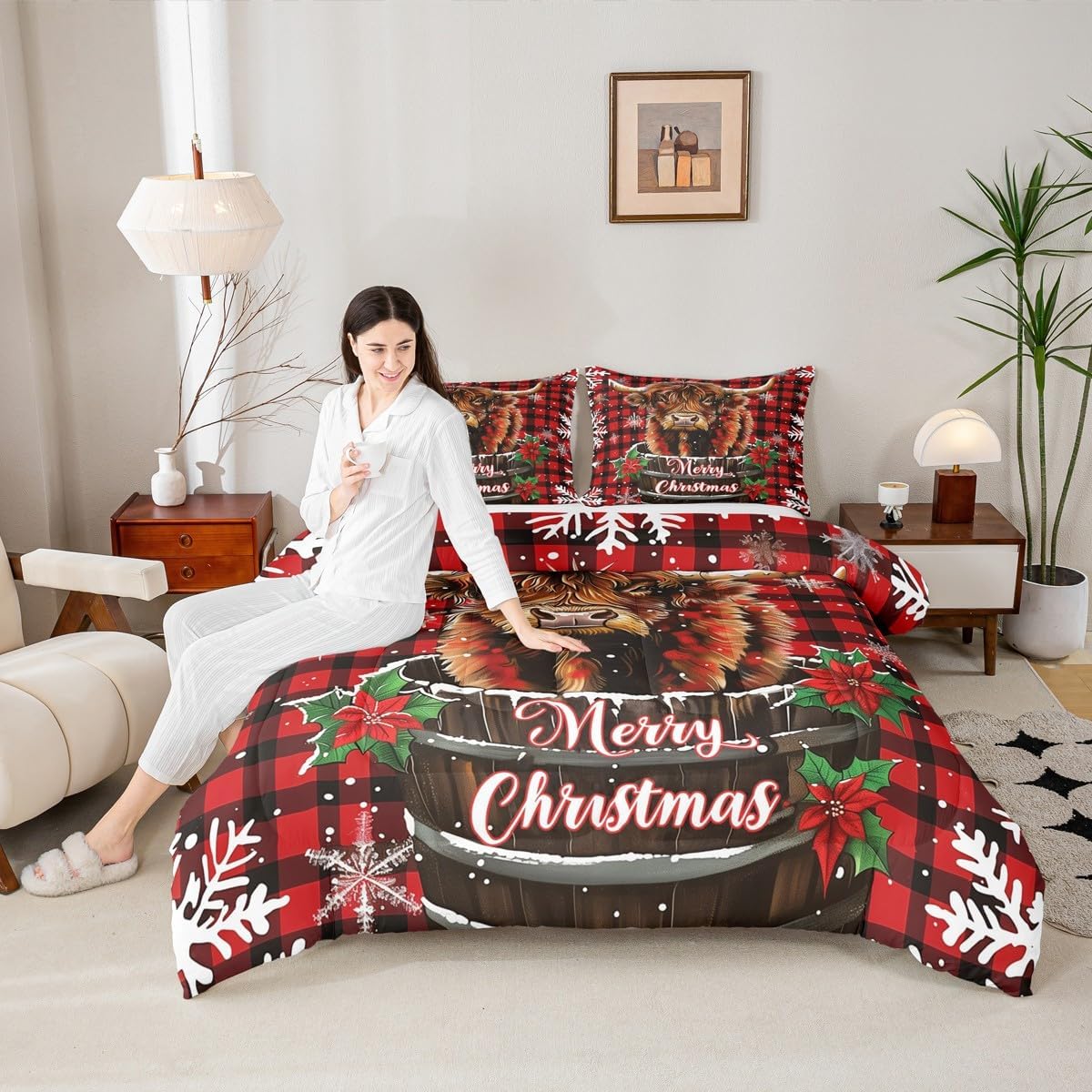 Erosebridal Christmas Highland Cow Comforter Set King Xmas Farm Animal Bedding Set Rustic Buffalo Plaid Comforter for Kids Boys Girls,Snowflake Christmas Leaf Quilt Duvet