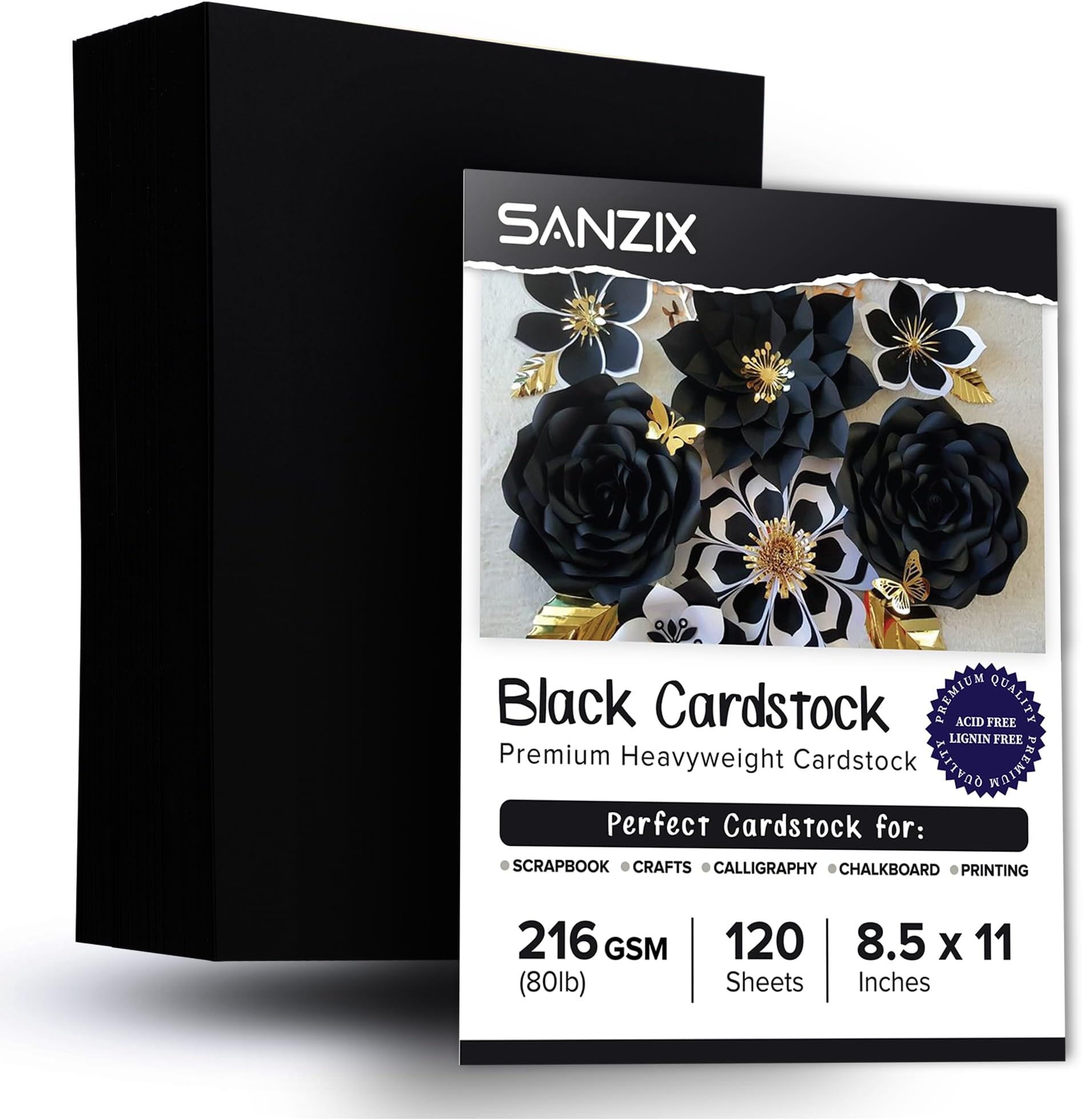 SANZIX 120 Sheets Black Cardstock Paper 8.5 x 11 80lb/216 GSM Cover Card Stock for Invitations, Drawing, Menus, Halloween Decorations, DIY Cards, Scrapbook, Calligraphy | Heavyweight Printer Paper
