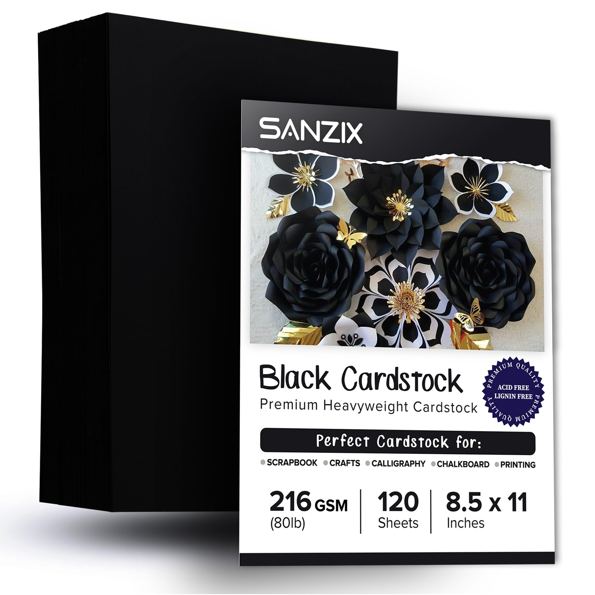 SANZIX 120 Sheets Black Cardstock Paper 8.5 x 11 80lb/216 GSM Cover Card Stock for Invitations, Drawing, Menus, Decorations, DIY Cards, Scrapbook, Calligraphy & Crafts | Heavyweight Printer Paper