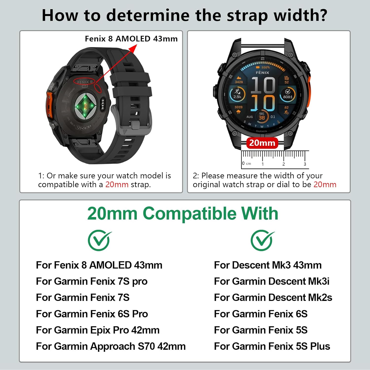 20mm Sport Watch Band Compatible With Garmin Fenix 8 AMOLED-43mm/Fenix 7S pro/7S/Fenix 6S Pro/6S/5S Plus/5S,Silicone Straps for Epix Pro 42MM/Approach S70 42mm/Descent Mk3-43mm/Mk2s - Image 2