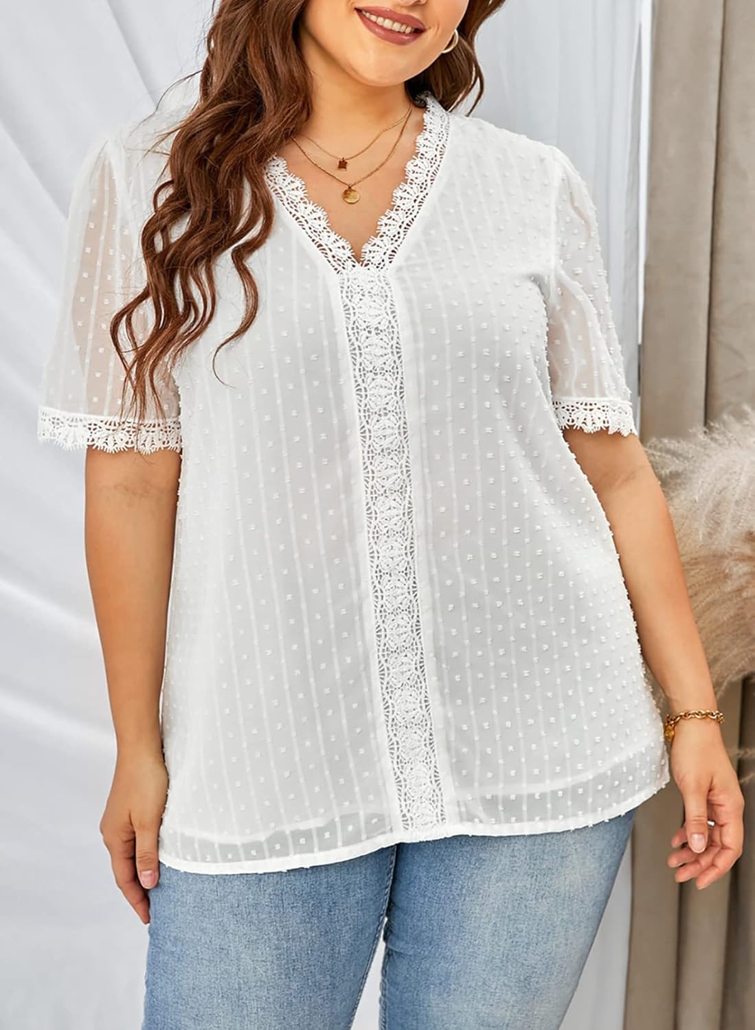Eytino Womens Plus Size Tops Casual Summer Short Sleeve V Neck Lace Crochet Chiffon Blouses Shirts(1X-5X) - Image 5