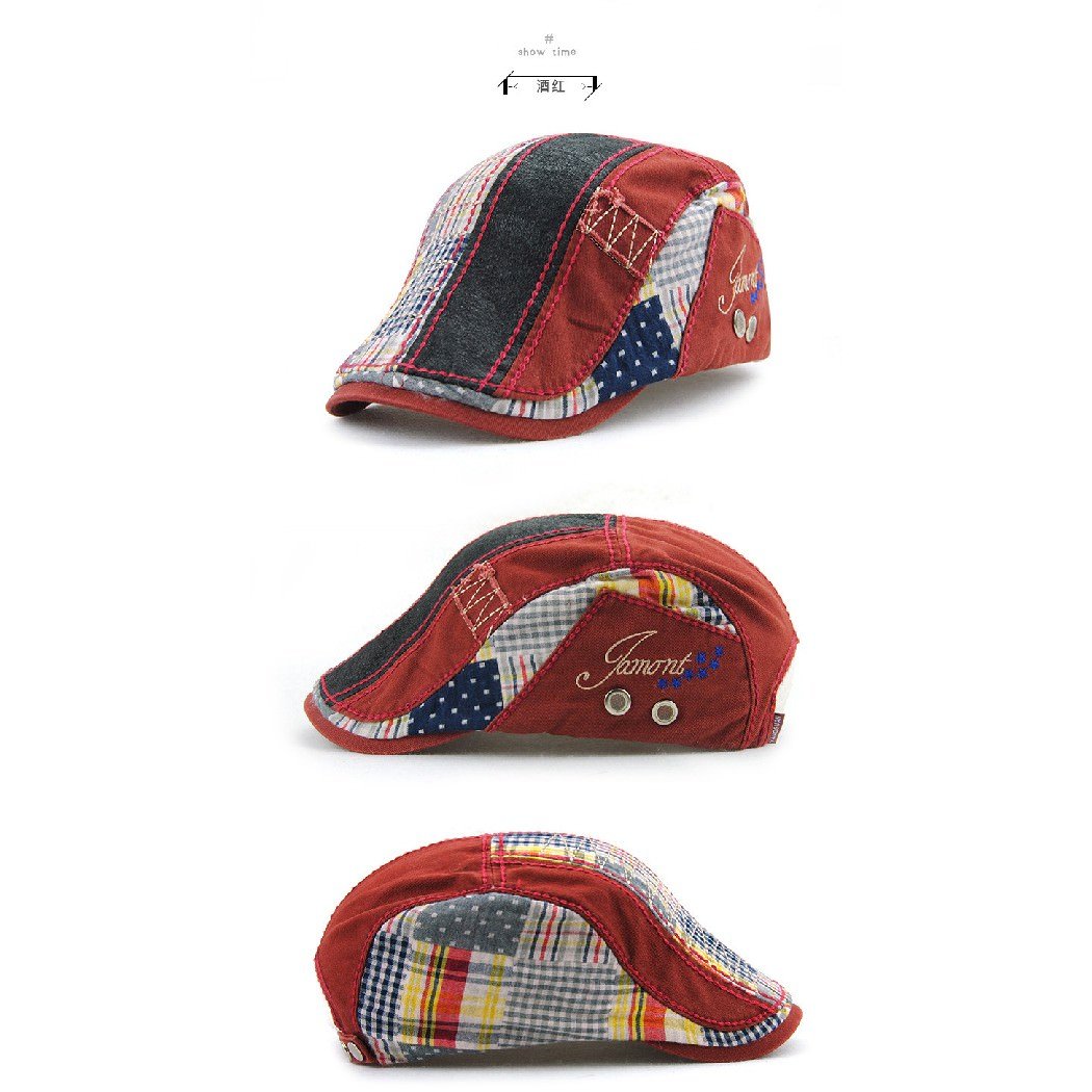 JAMONT Unisex Fashion Spring Patchwork Striped Flat Visor Newsboy Cap Beret Hat Red