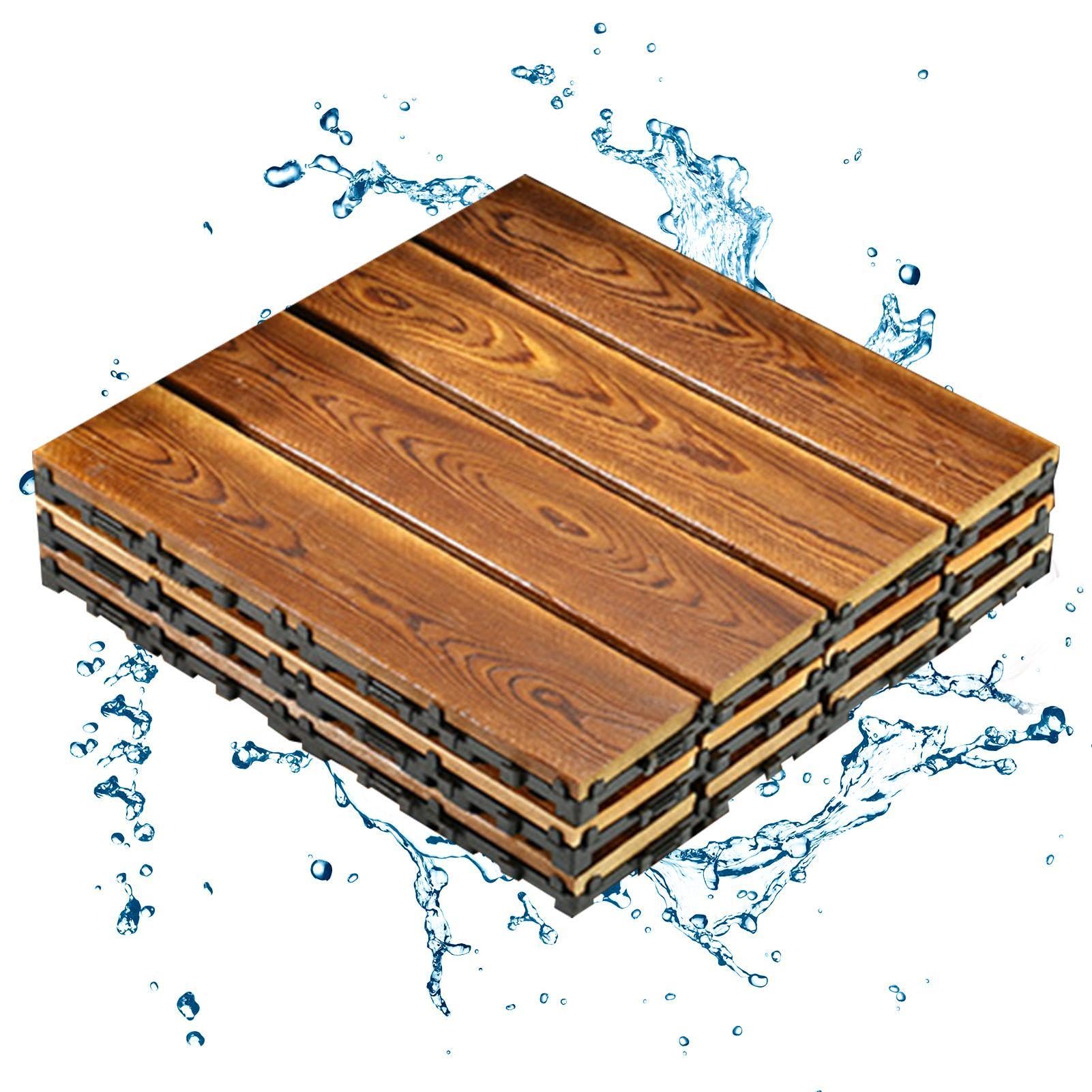 Piastrelle per terrazze ad incastro – Piastrelle per terrazze in legno, 3 assi per terrazze carbonizzate | 12 x 12 pollici antiscivolo per prato, rivestimento esterno ad incastro per piscina | Pavimentazione per Patio e Esterno per Decorazione Interna, Pi