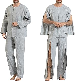 YOSINISO Bedridden Patient Clothing, Hook and Loop Tear Away Cotton Patient Gowns for Post Surgery Dialysis Elderly Home Care Comfortable Hospital Gowns for Men with Pockets (L, Grey Set)