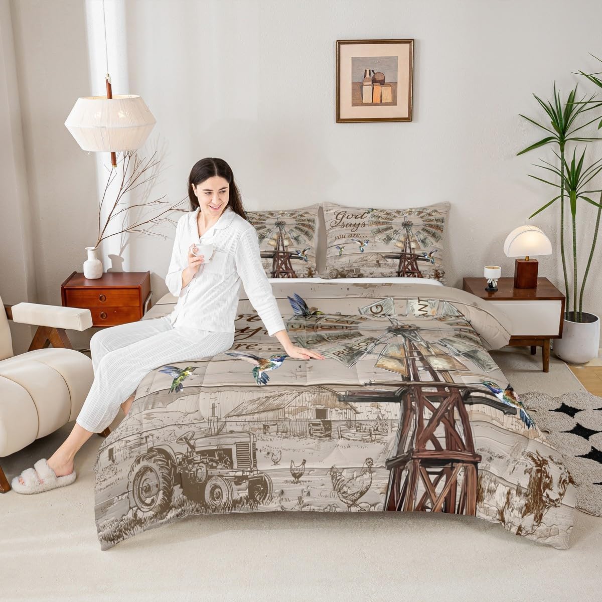 Rustic Windmill Farmhouse Comforter Set King Size, Hummingbird Farm Cow Bedding Set Rooster Cabin Country Lodge Quilt Windmill Decor Vintage Barn Door Wooden Plank Down Comforter With 2 Pillow Cases - Image 3