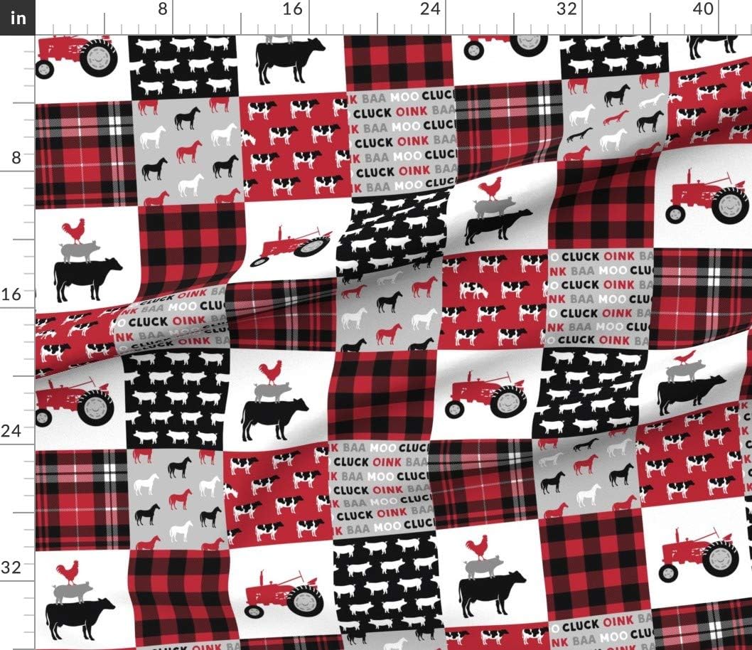 Spoonflower Fabric - Farm Life Wholecloth Black Red Plaid Cow Patchwork Rooster Farming Printed on Petal Signature Cotton Fabric by The Yard - Sewing Quilting Apparel Crafts Decor