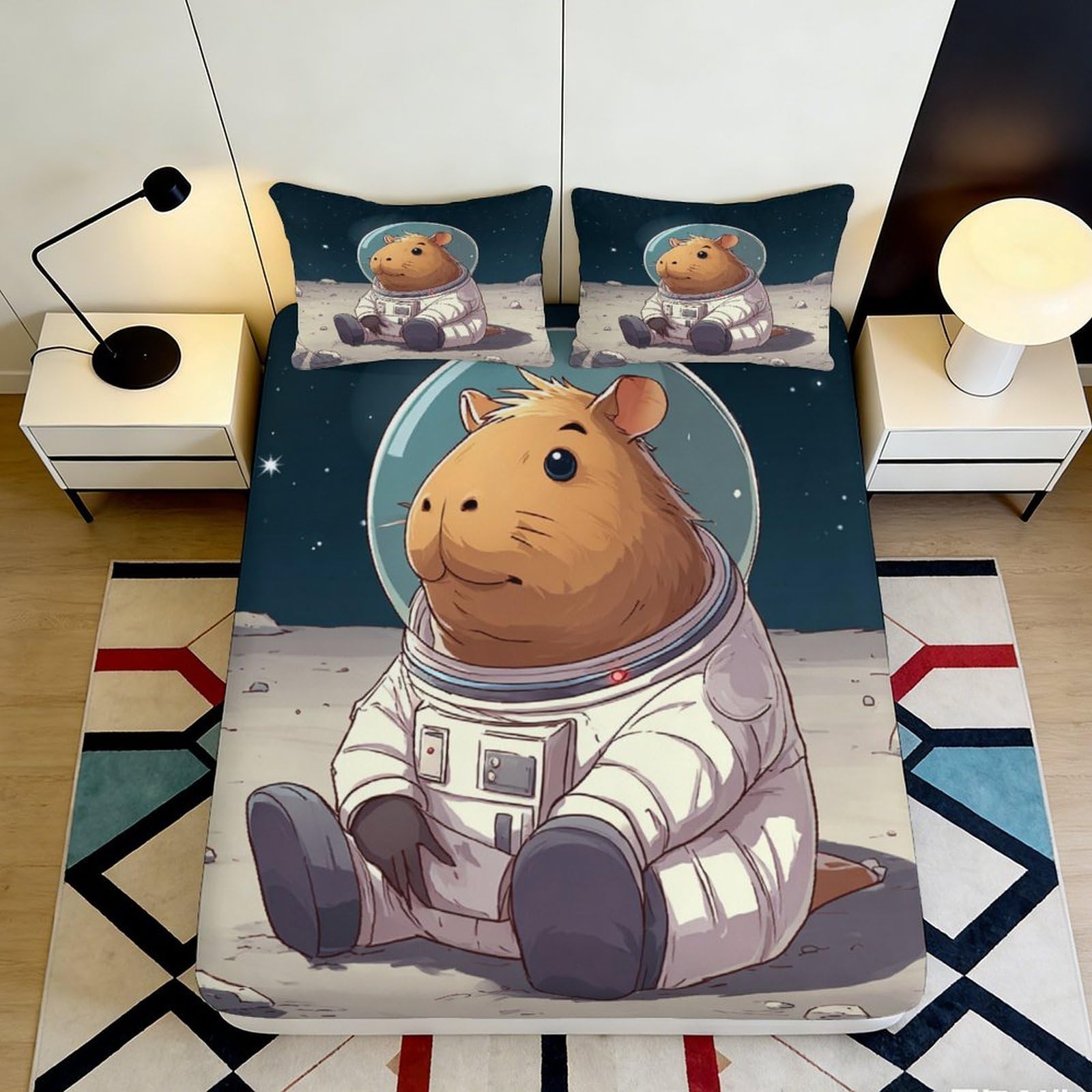 Decor Astronaut Capybara Fitted Sheet, Microfiber soft touch, 3D Printed Bed Cover, wrinkle resistant, home & guest room bedding, easy care, stylish accent, 120x200cm 90x200x25cm