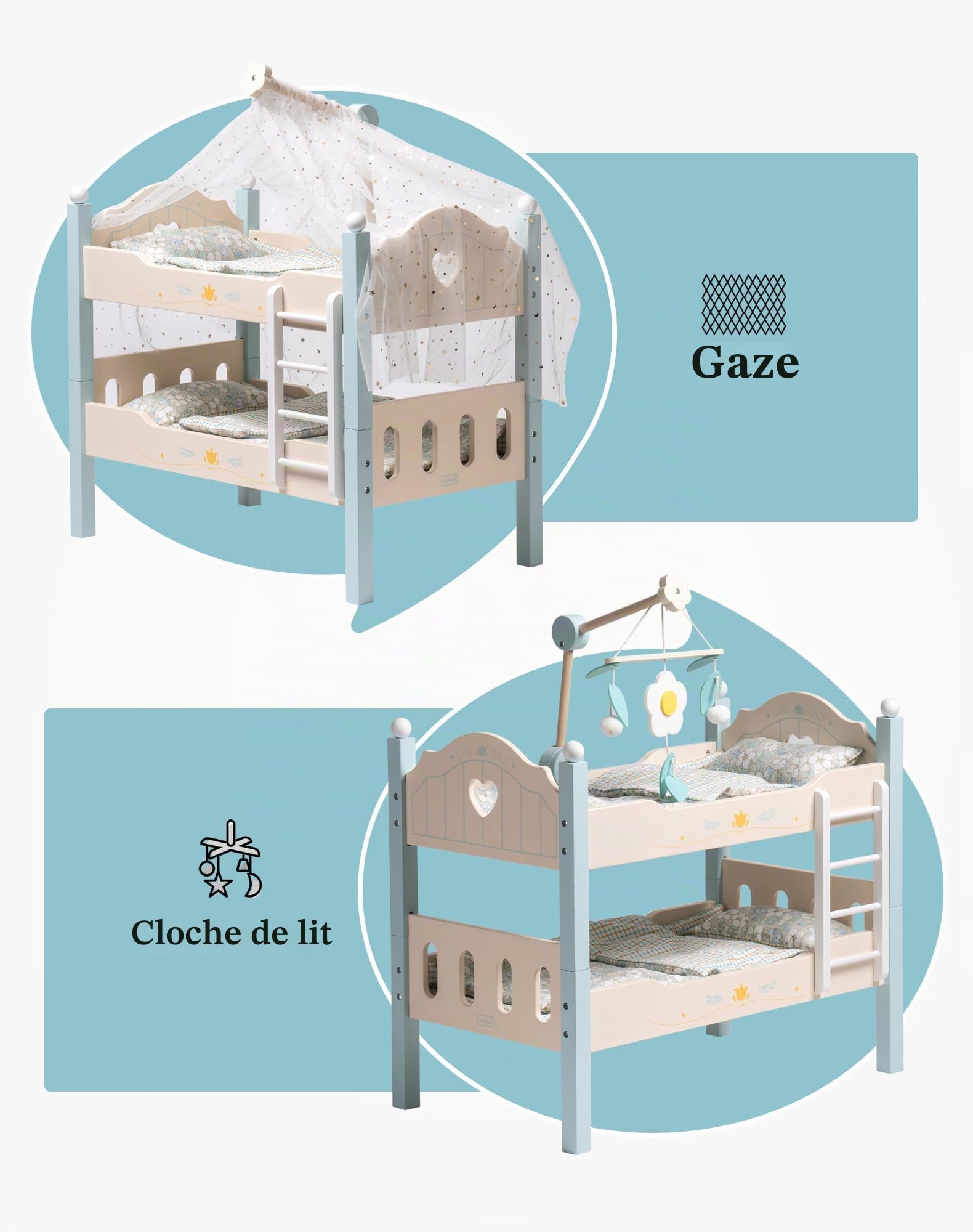 ROBOTIME Lit superposé en bois pour poupée avec échelle et literie, berceau empilable de 45,7 cm, accessoire de poupée parfait, cadeau pour enfants, bleu