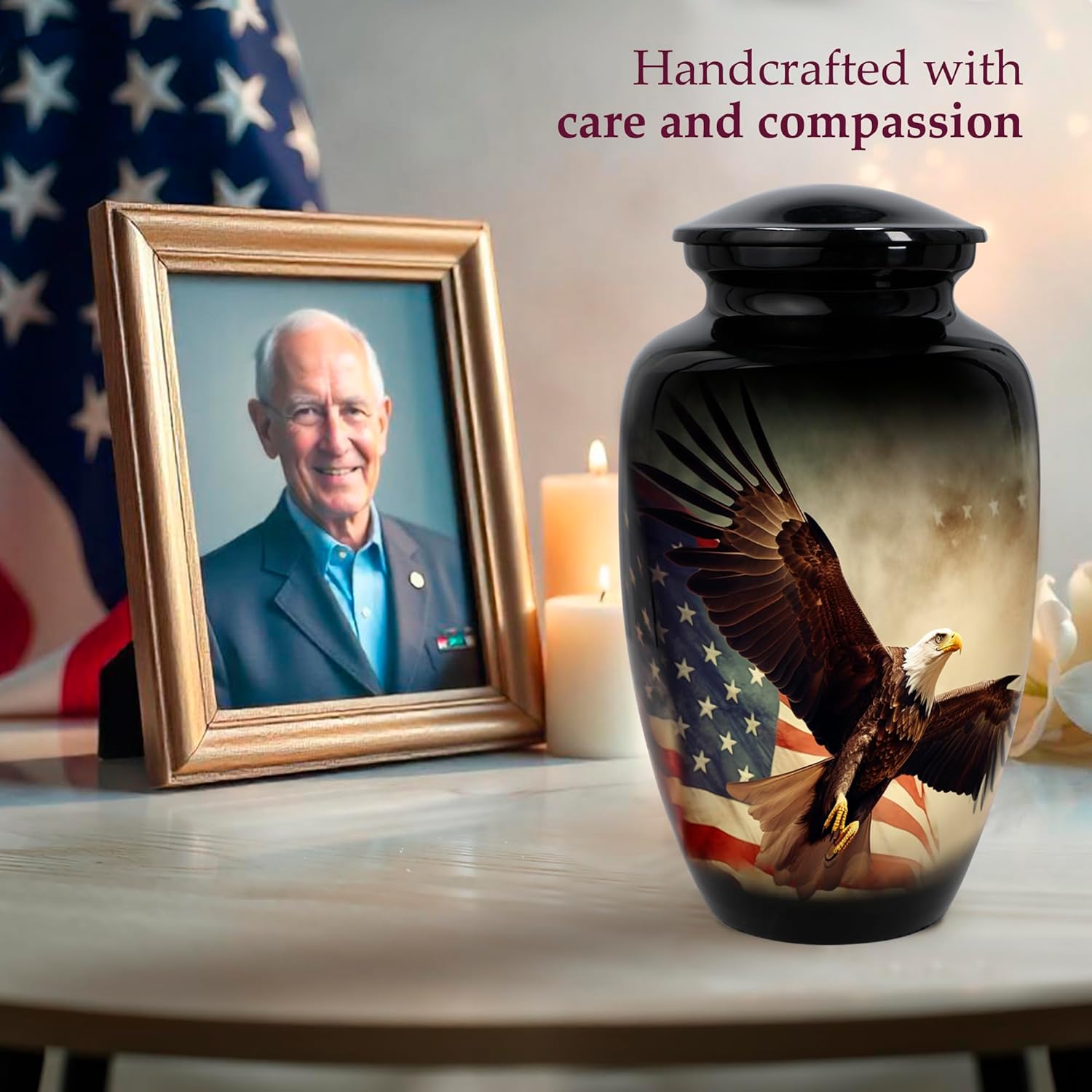 Trupoint Memorials Cremation Urns for Human Ashes, Military and Patriotic Decorative Burial Urn for Verteran Adult Men and Women, Large Black