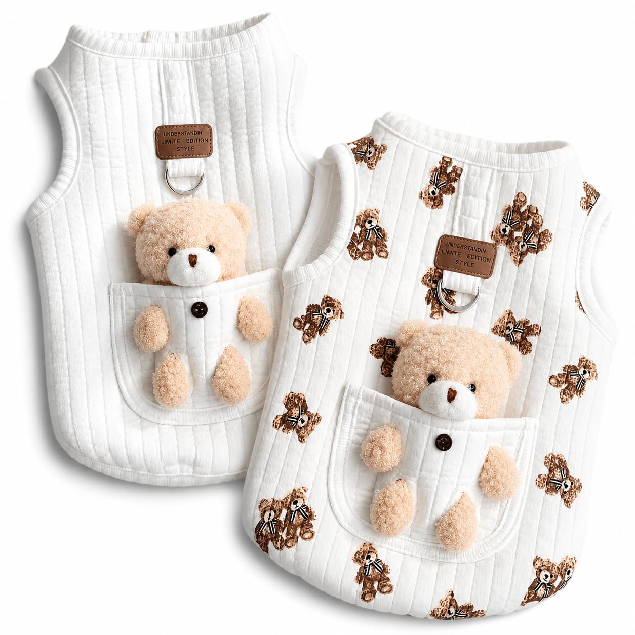 Dog Vest with 3D Plush Teddy Bear Pocket, 2-Pack，S (2.2-4.4lbs)