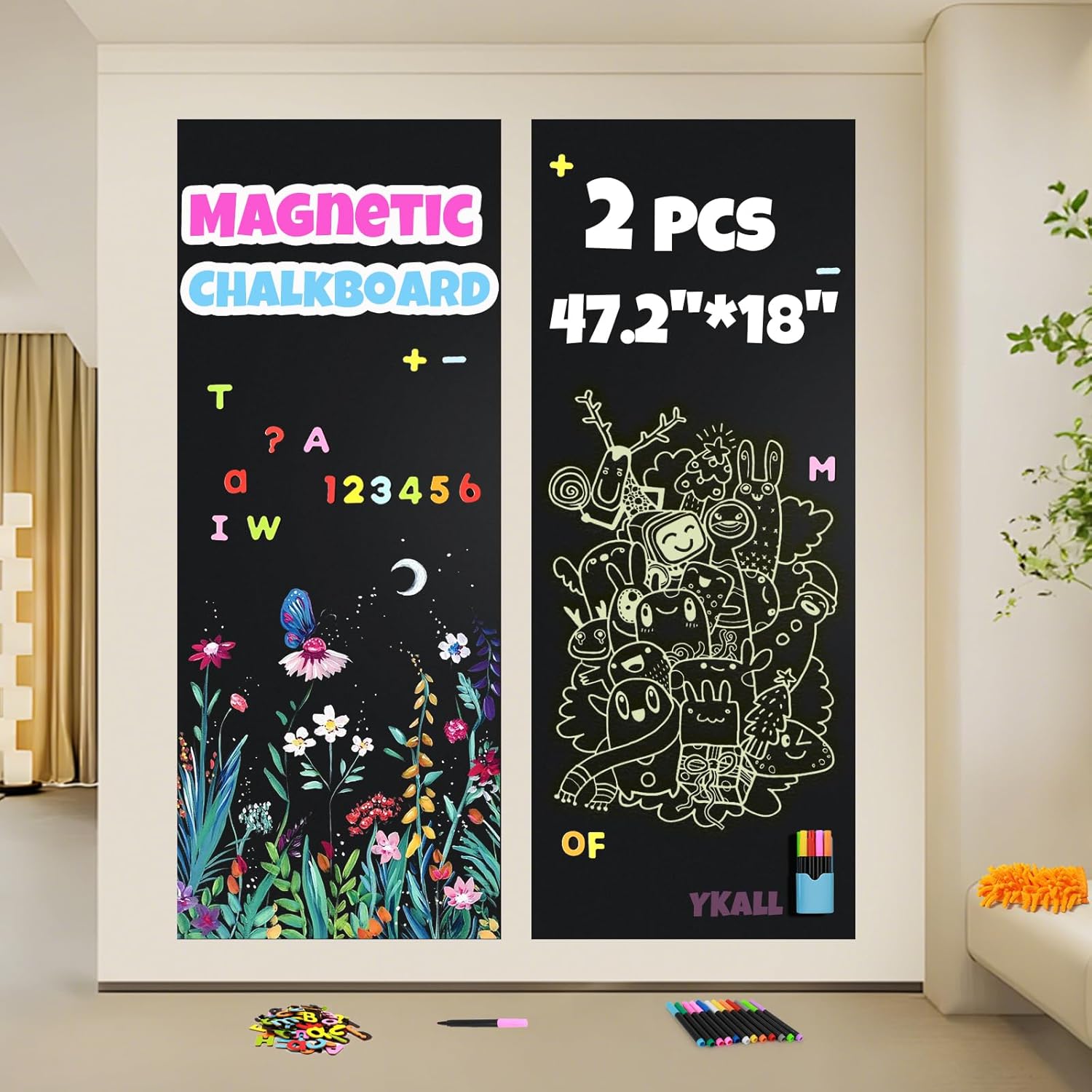 Magnetic Chalkboard Contact Paper for Wall, 47.2" x 18" 2 Pcs Self-Adhesive Blackboard Wallpaper Peel and Stick Wall with 93 Pcs Kit for Kids, Magnet Wall Sheet with Kit for Home Playroom