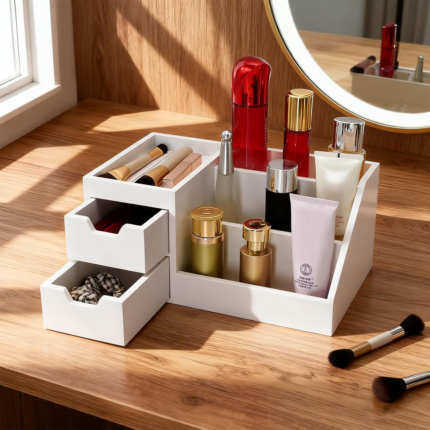 Countertop Perfume & Makeup Organizer - Wooden Rack, Cologne Stand Shelves & Skincare Organizer for Bedroom Dresser, Organizador de Perfumes Estante para Perfumes (Middle, 01) (White, 01)