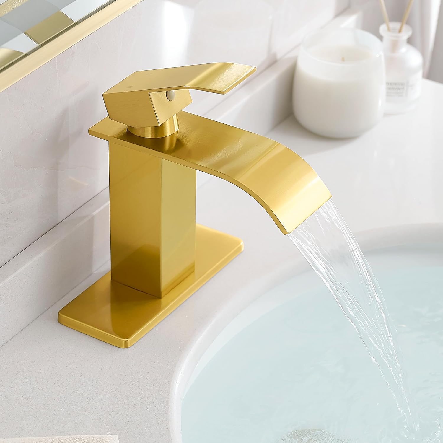 FRANSITON Brushed Gold Waterfall Bathroom Faucet Lavatory Single Handle 1 or 3 Hole Bathroom Sink Faucet with Deck and Pop-up Drain (Brushed Gold, Short)