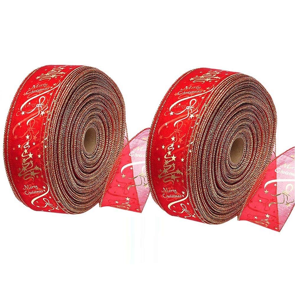 Shinon2 Rolls Christmas Ribbon Swirl Wired Sheer Glitter Ribbon Red Gold Merry Christmas Pattern Satin Gift Ribbon