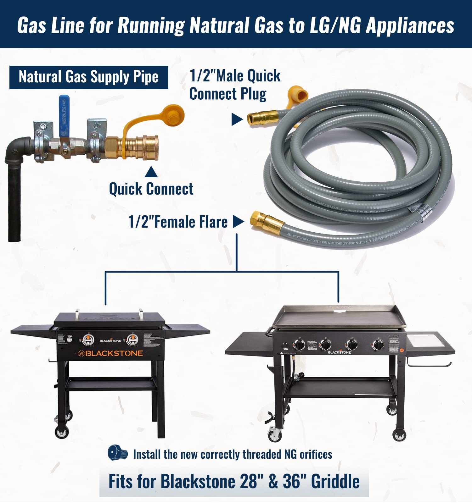 CALPOSE Kit de conversión de propano a gas natural 5249 de 15 pies para parrilla Blackstone de 28 pulgadas, 36 pulgadas, manguera de gas natural de 3/8 pulgadas de diámetro interior compatible con