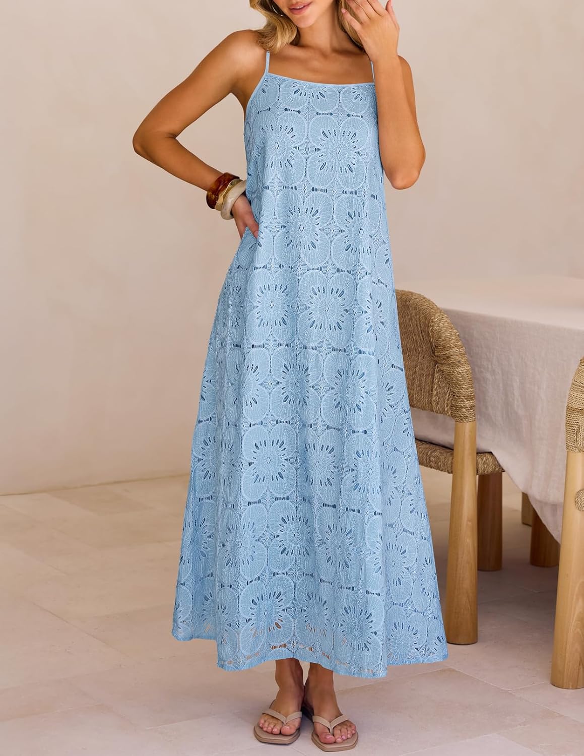 MEROKEETY Women's Summer Spaghetti Straps Sundress 2026 Casual Sleeveless Floral Lace Eyelet Boho Beach Maxi Dress - Image 3