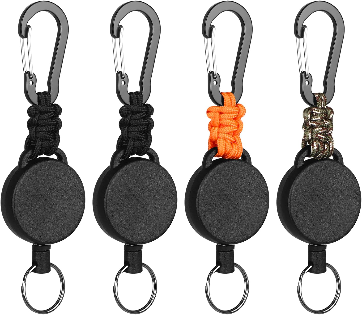 Retractable Keychain Heavy Duty Carabiner Badge Holder Retractable Badge Reel ID Holder Steel Cord and Paracord Extendable Key Ring 4 Pack