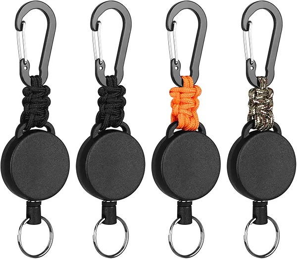 Levateeta Retractable Keychain Heavy Duty Carabiner Badge Holder Retractable Badge Reel ID Holder Steel Cord and Paracord Extendable Key Ring 4 Pack