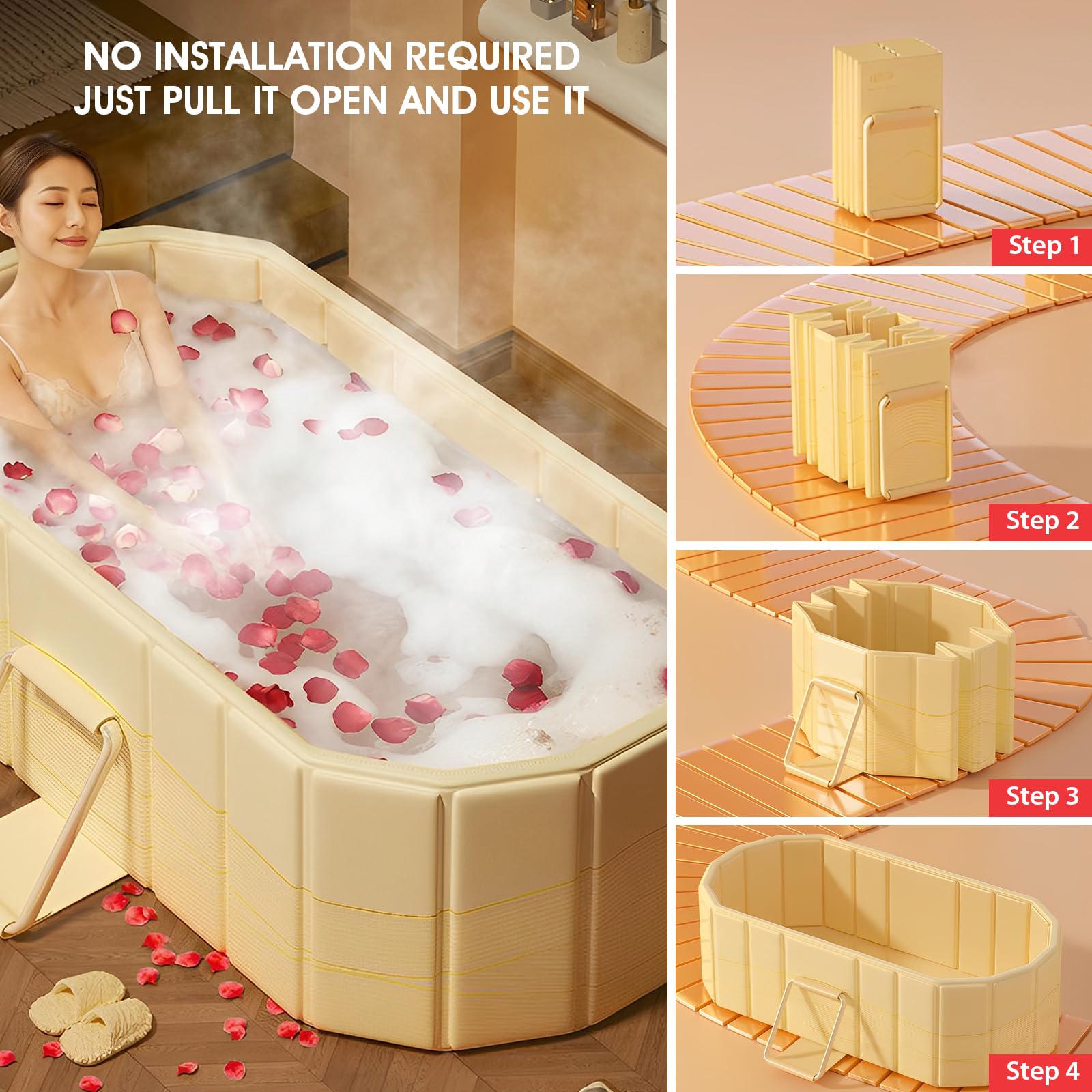 1.5M Vasca da Bagno Doppia Pieghevole - Vasca Portatile per Adulti, Senza Installazione, Ideale per SPA Domestica/Coppie, con Cuscini e Kit di Scarico (150×55×50cm)