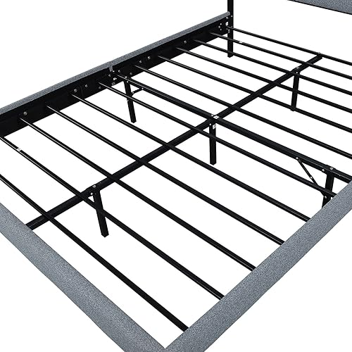 Miniatura 6 de Epinki Cama de plataforma de lino, marco de listones de metal, tamaño matrimonial, gris oscuro, fácil montaje