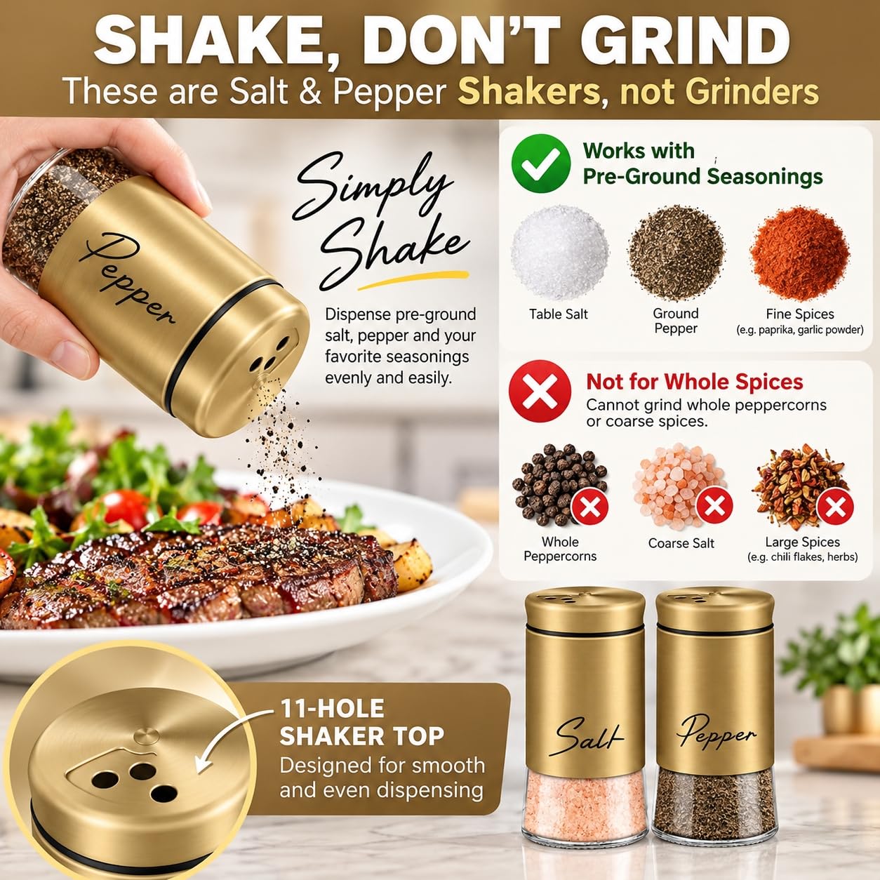 Gold Salt & Pepper Shakers - 5 oz Set -2 Gold Salt & Pepper Shakers - 5 oz Set -2