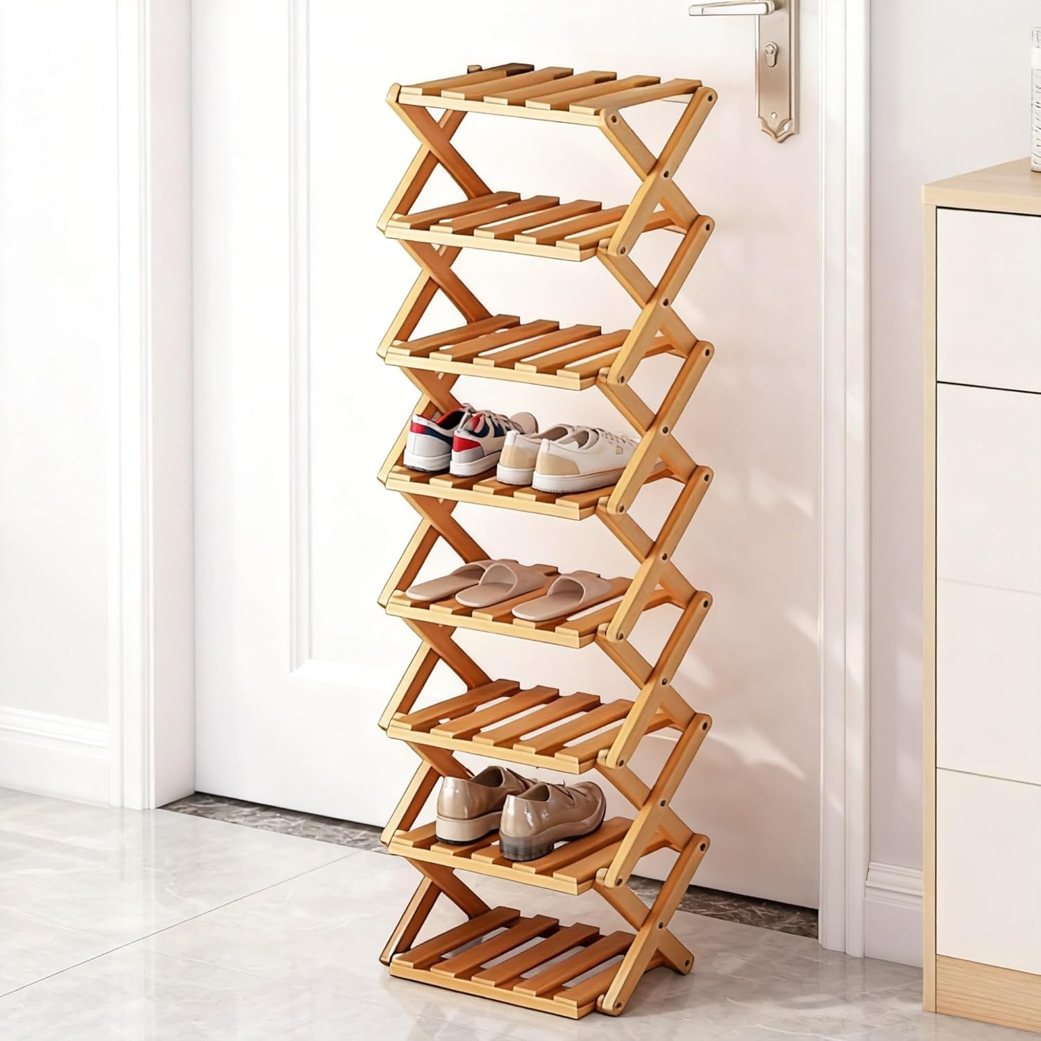 The 9-Tier No-Assembly Bamboo Rack Vertical Shoe Organizer for Small Spaces Foldable Vertical Shoe Organizer for Entryway Closet Bedroom(Brown,9 Tier)
