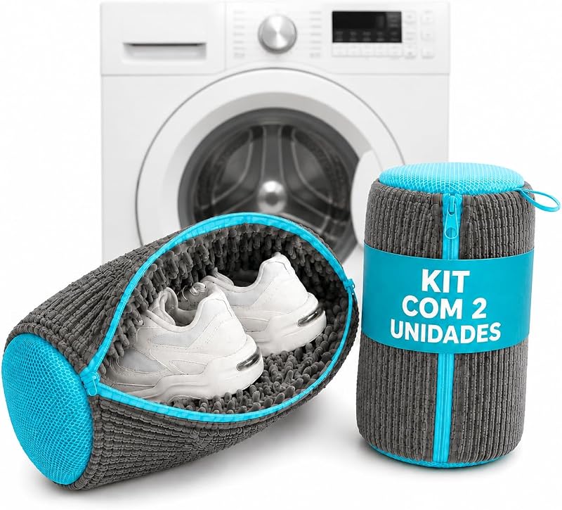 Kit 2 Sacos de Lavagem para Calçados, Par Protetor de Tênis para Máquina de Lavar, Macio, Lavagem 360 Graus, Tamanho Grande para Tênis e Sapatos Diversos