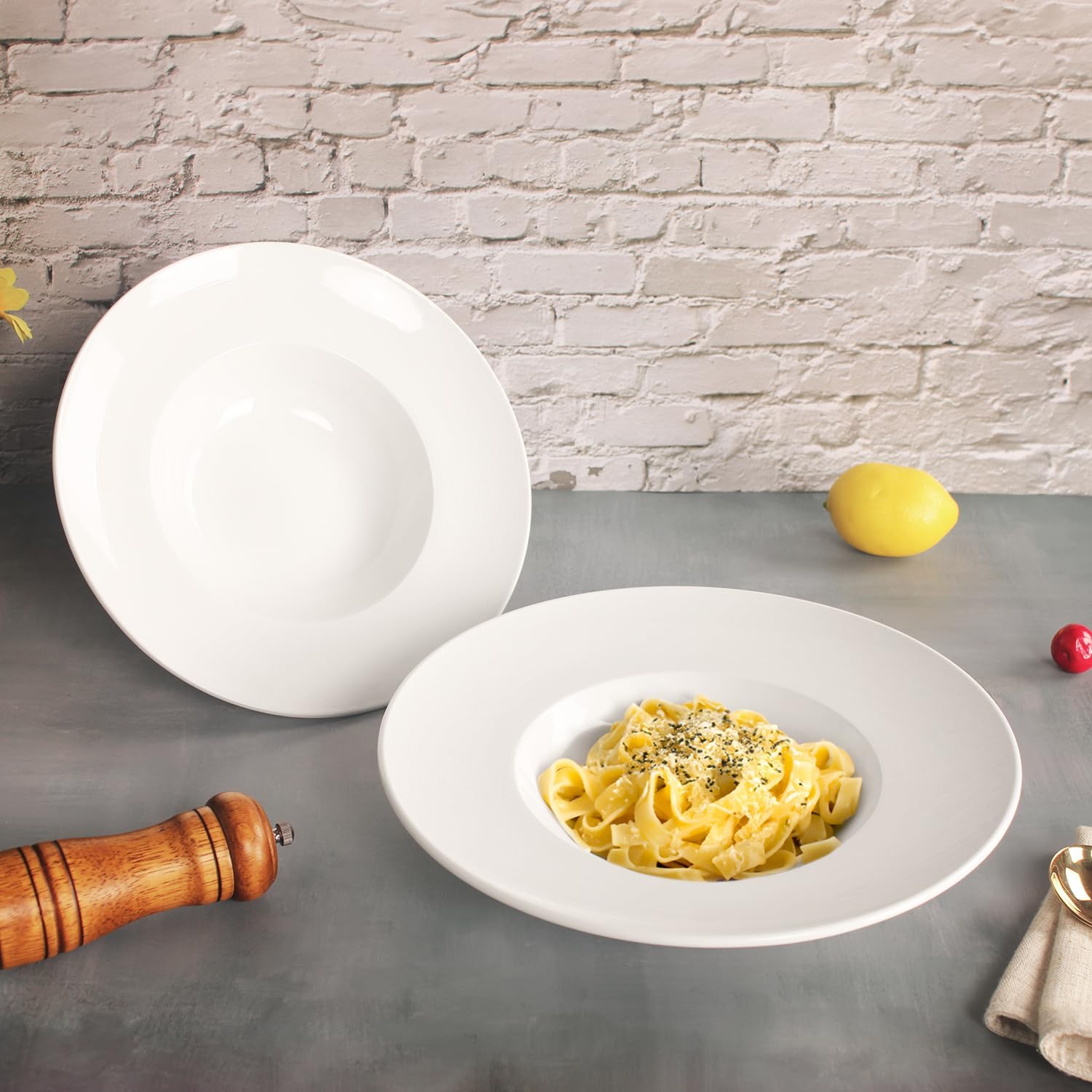 Porcelain Soup Bowls soup Plate Pasta Bowl Set of 4 Shallow Bowl Plates, 14 oz Rimmed Bowls with Rim, Microwave ovens and refrigerators safe, Line texture 11.9 Inch