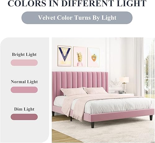 Miniatura 26 de Allewie - Base de cama tapizada en terciopelo, cabecera capitoné de canales verticales, listones de madera reforzados, opción de somier, fácil de