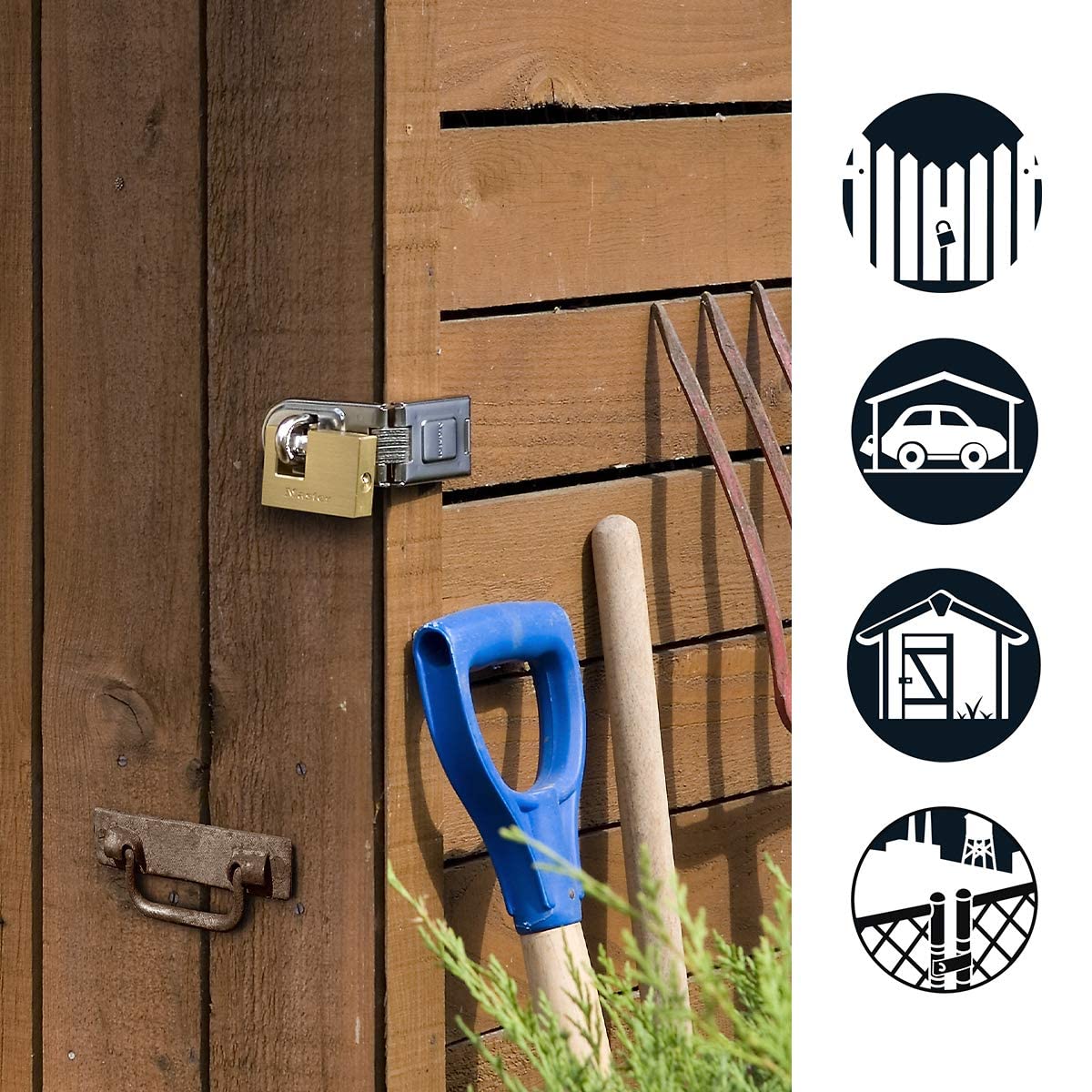 Master Lock 606720EURD zestaw z zawiasami drzwiowymi i prostokątną kłódką z kluczem