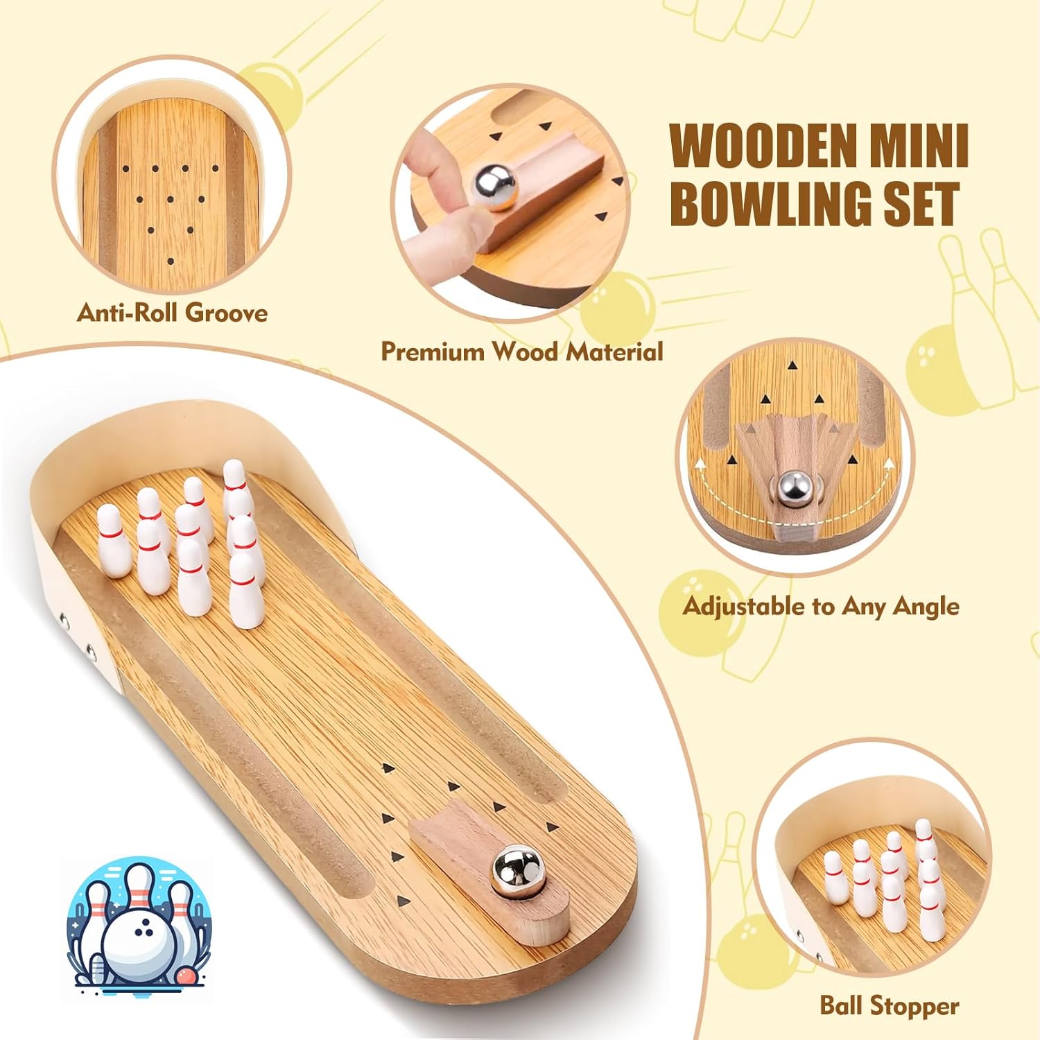 Mini Bowling Game Set, Wooden Tabletop Bowling Alley for Adults Kids, White Elephant Gift for Men Women, Office Desk Toys Stress Relief Stocking Stuffers