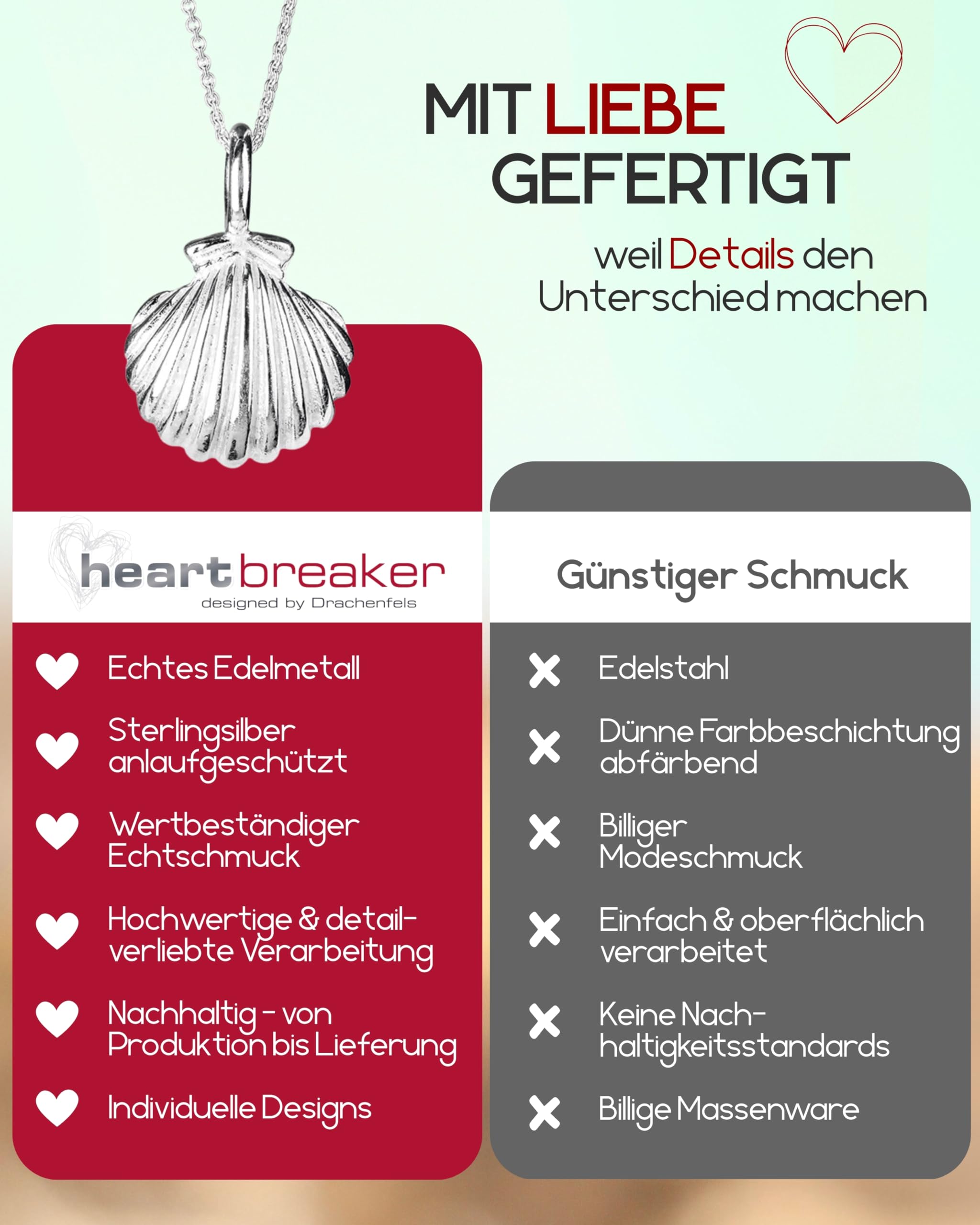 Heartbreaker "Sealife" Muschel-Anhänger klein I Edler Muschelanhänger aus 925 Sterling Silber I Nickelfreier Kettenanhänger in Goldschmiedequalität I Hochwertiger Anhänger für Damen I LD SL 38