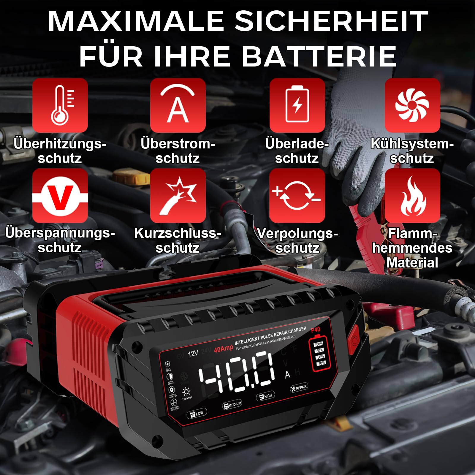 40A Autobatterie Ladegerät, 6V/12V/24V LiFePO4 Ladegerät, Batterieladegerät KFZ für Auto, Motorrad, Rasenmäher, Boot, Lithium, LiFePO4 und Blei-Säure(AGM, Gel, MF, EFB, SLA, VRLA, Wet)