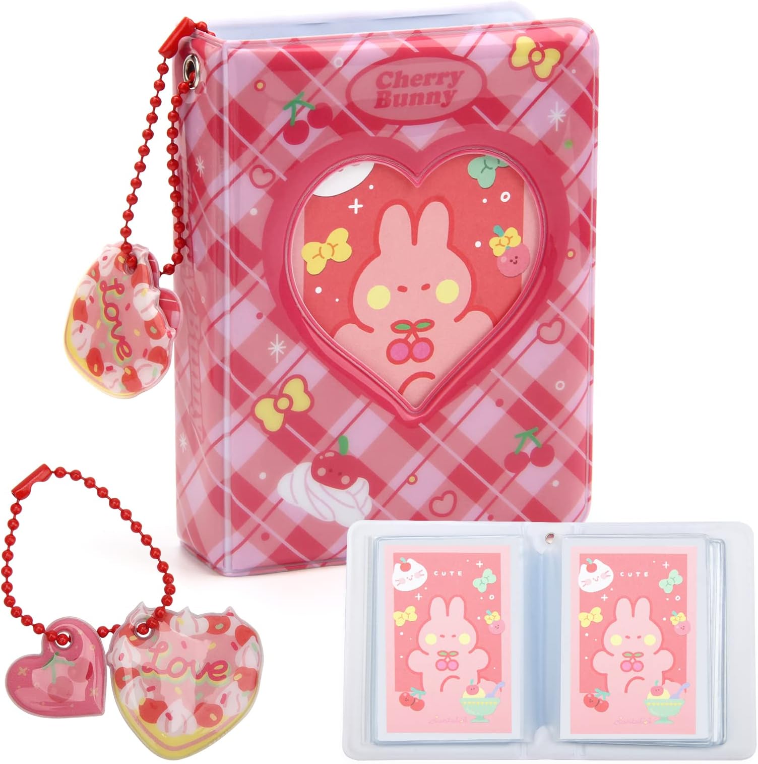 Windspeed Mini Kpop Photocard Holder Book, 3 Inch Love Heart Hollow Photocard ID Holder Twice Photocard Binder 40 Pockets with Rabbit Card, Heart-Shape Pendant (1)