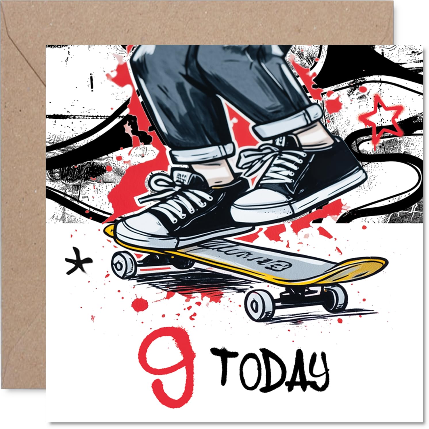 Playful 9th Birthday Card - Catch Big Air on Your 9th Birthday - Bold Skateboarder Design with Vibrant Red and Yellow - 145mm Square, Envelope Included