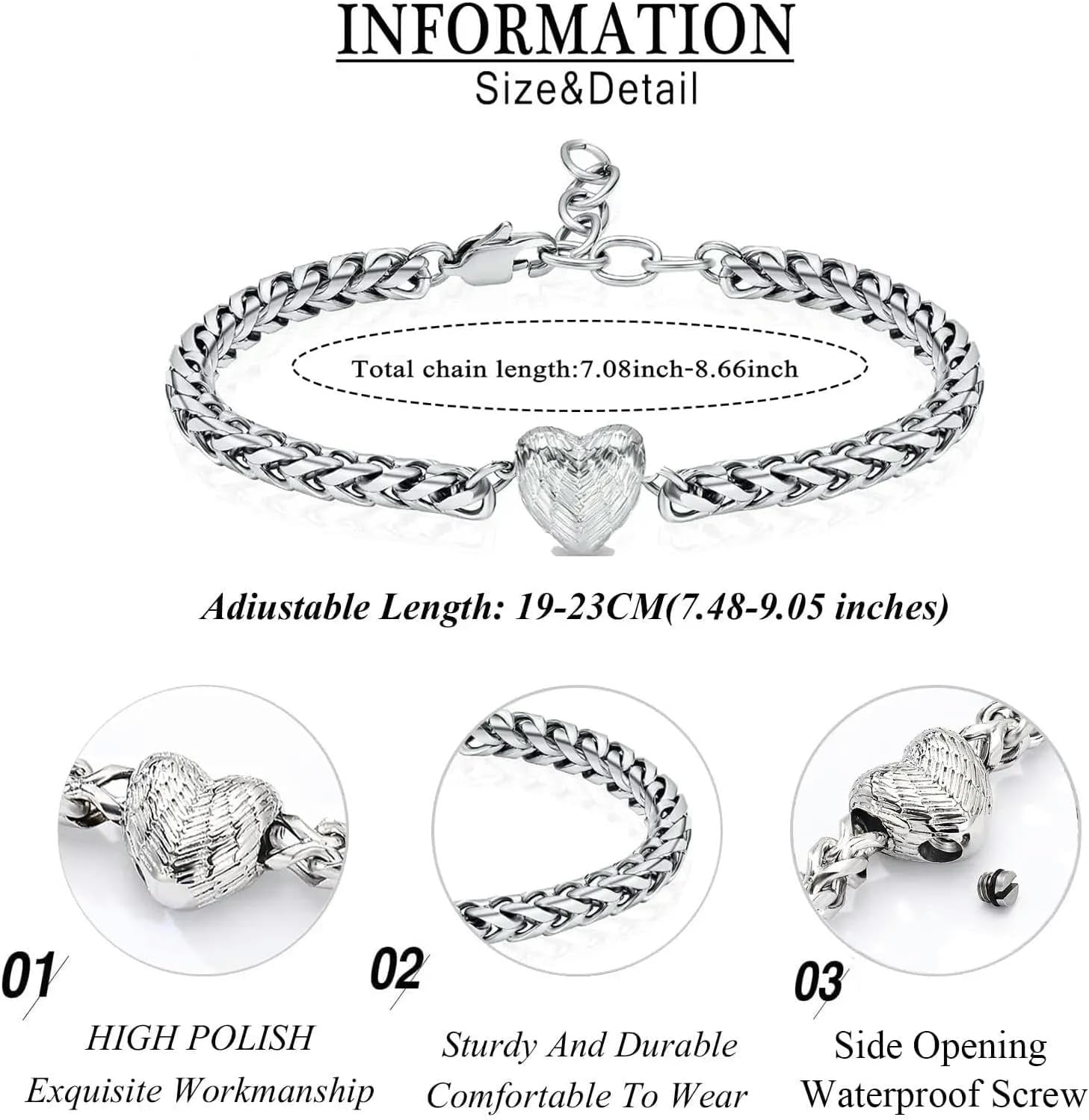 Love Heart Cremation Bracelet for Ashes for Women Girl Adjustable Link Chain Bangle Memorial Urn Jewelry Loved Ones Keepsake-Silver
