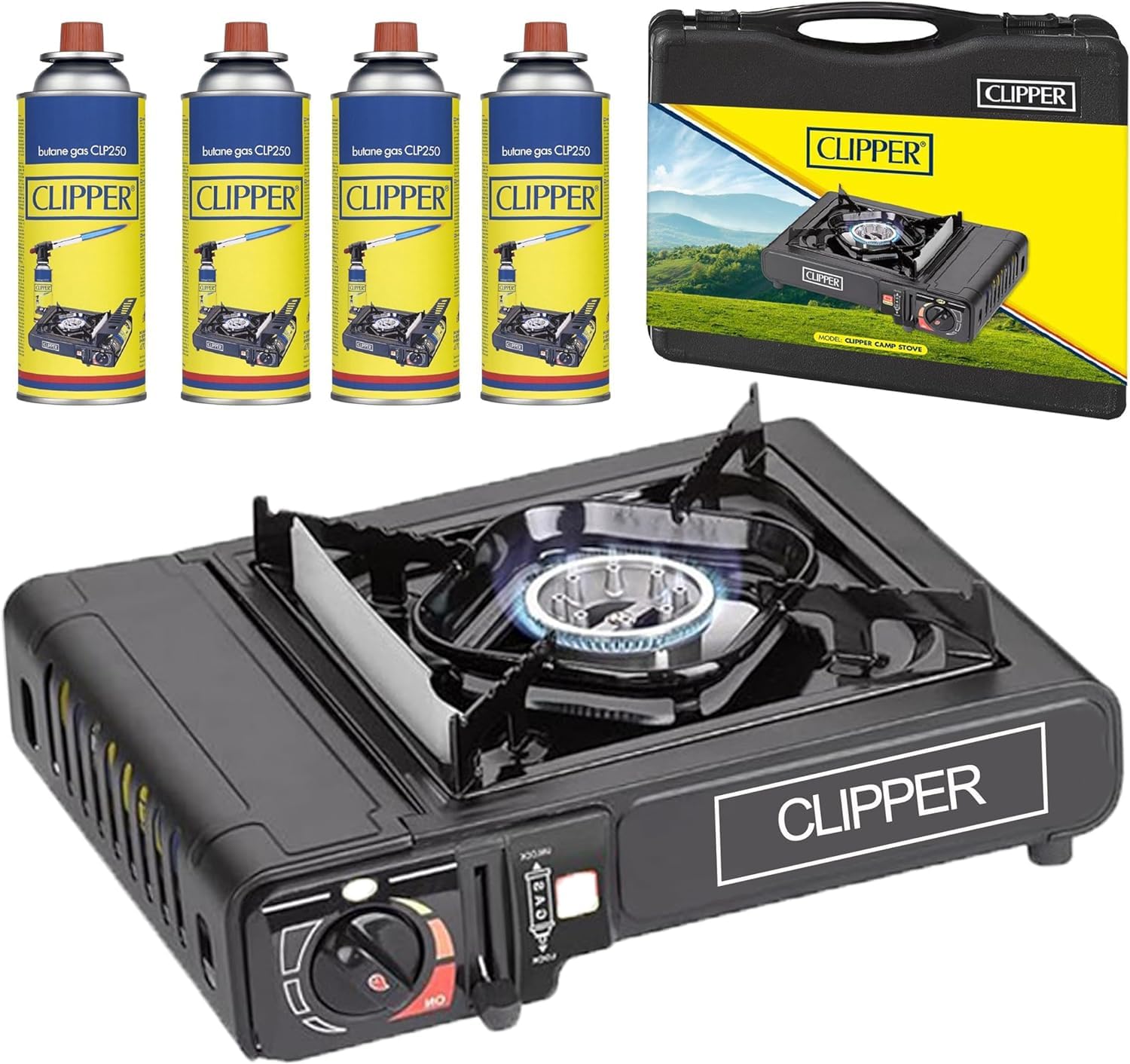 CLIPPER Black Portable Camping Stove with Cary Case & 4 Butane Gas | Premium Camping Gas Stove | Gas Camping Stove with Automatic Ignition & Heat Control