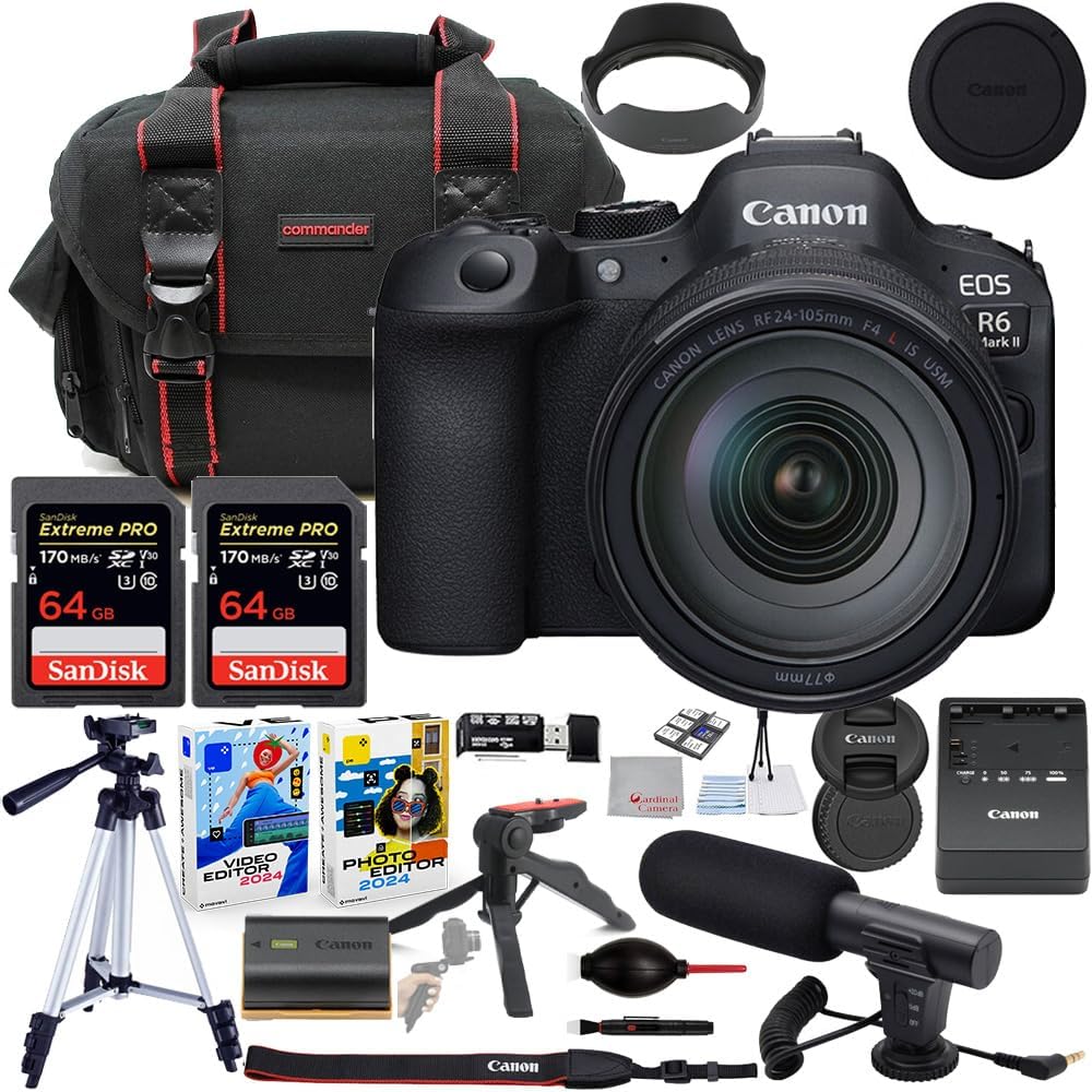 Canon EOS R6 Mark II Mirrorless Camera with RF 24-105mm USM Lens Bundle with Commander Gear Bag + Microphone + 2X 64GB Extreme Memory Cards + Accessory Kit