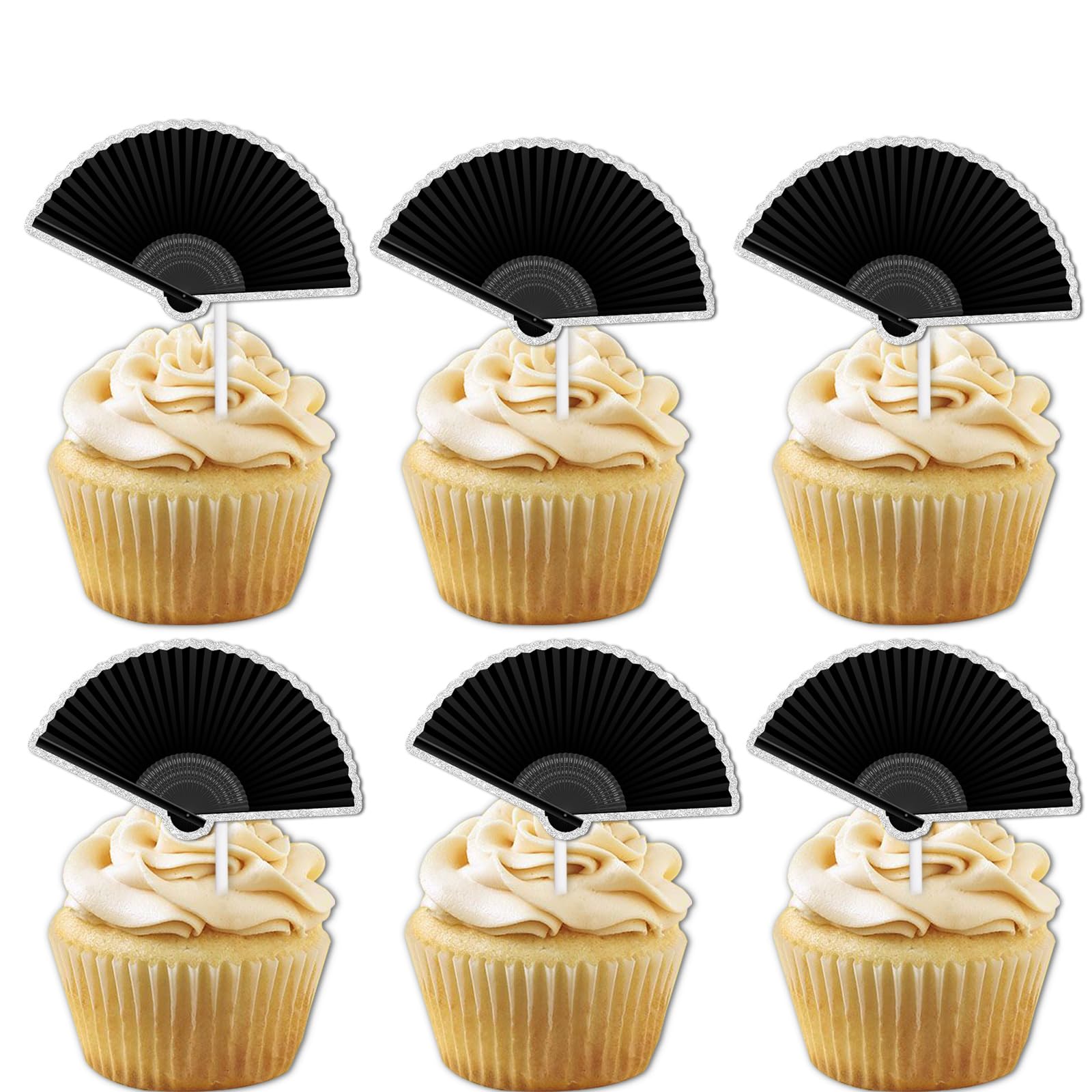 18pcs Black Glitter Folding Fan Dessert Cupcake Topper Retro Elegance Traditional Wedding Theme Decor Supplies Girls Woman Happy Birthday Party