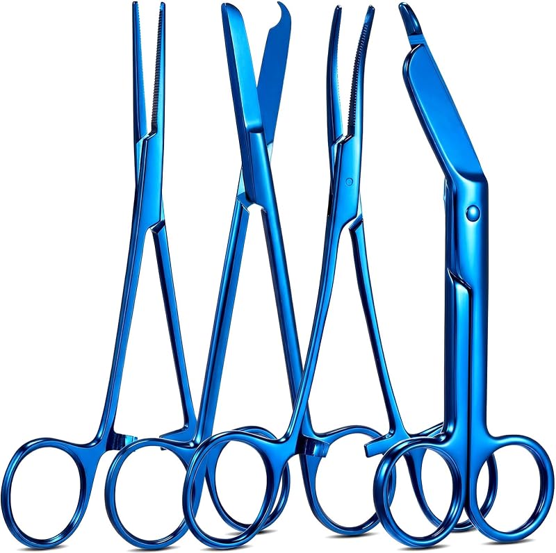 4 Pcs Hemostat Forceps Curved Straight, Piercing Pliers,Blue | Stainless Steel Set For Fishing , Piercing , Nurses, Includes Straight And Curved Pliers, Gauze And Suture Removal Scissors