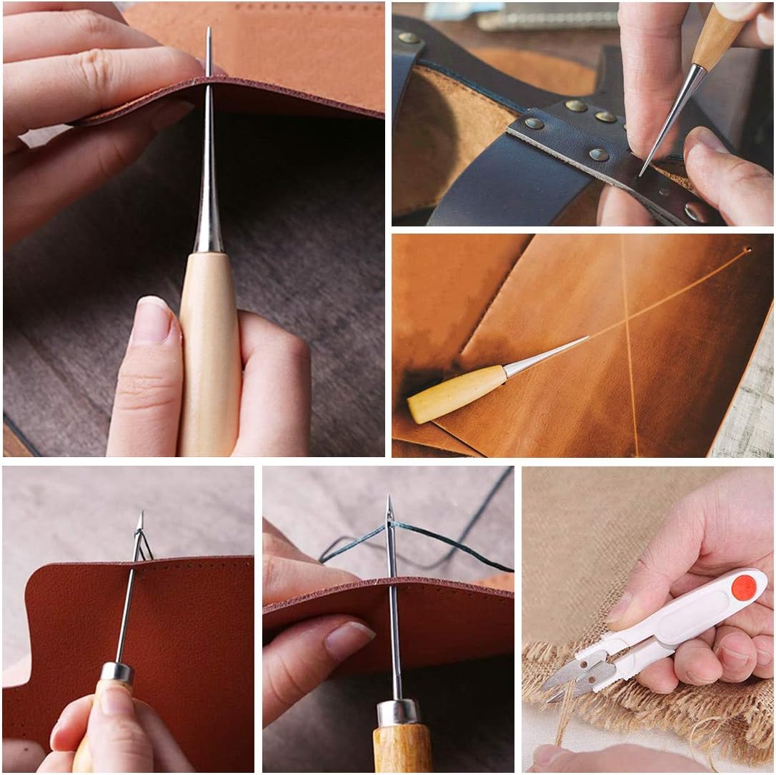 RUIYIQI Leather Craft Tool Kit 26 PCS Hand Stitching Tool Set Upholstery Repair Kit with 12 Sewing Needles, 5 Waxed Thread, Tape Measure and Thimble for Leather Repair (Carrying Bag Included)